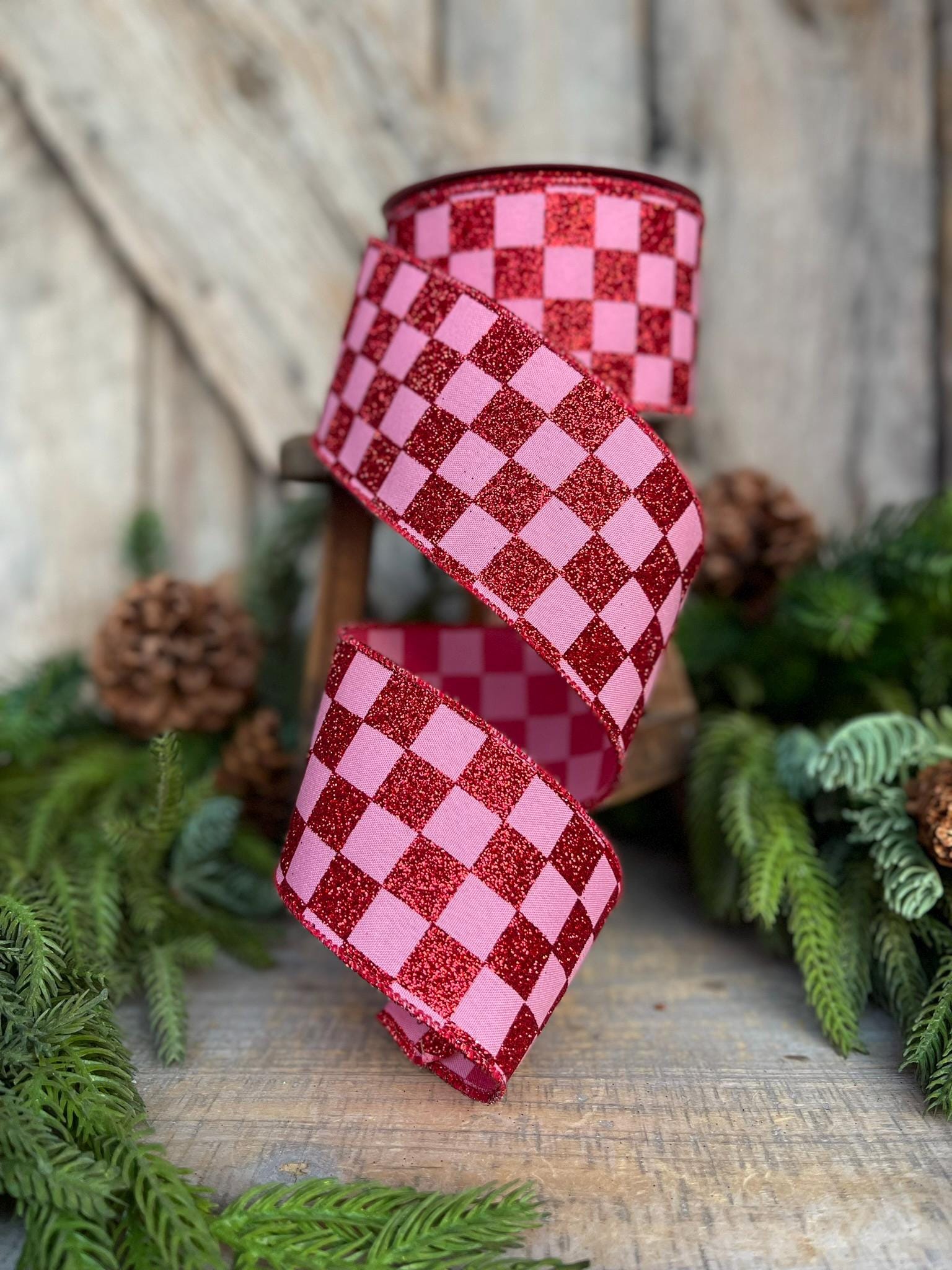 2.5" Red Pink Glitter Check Ribbon, Christmas RIbbon