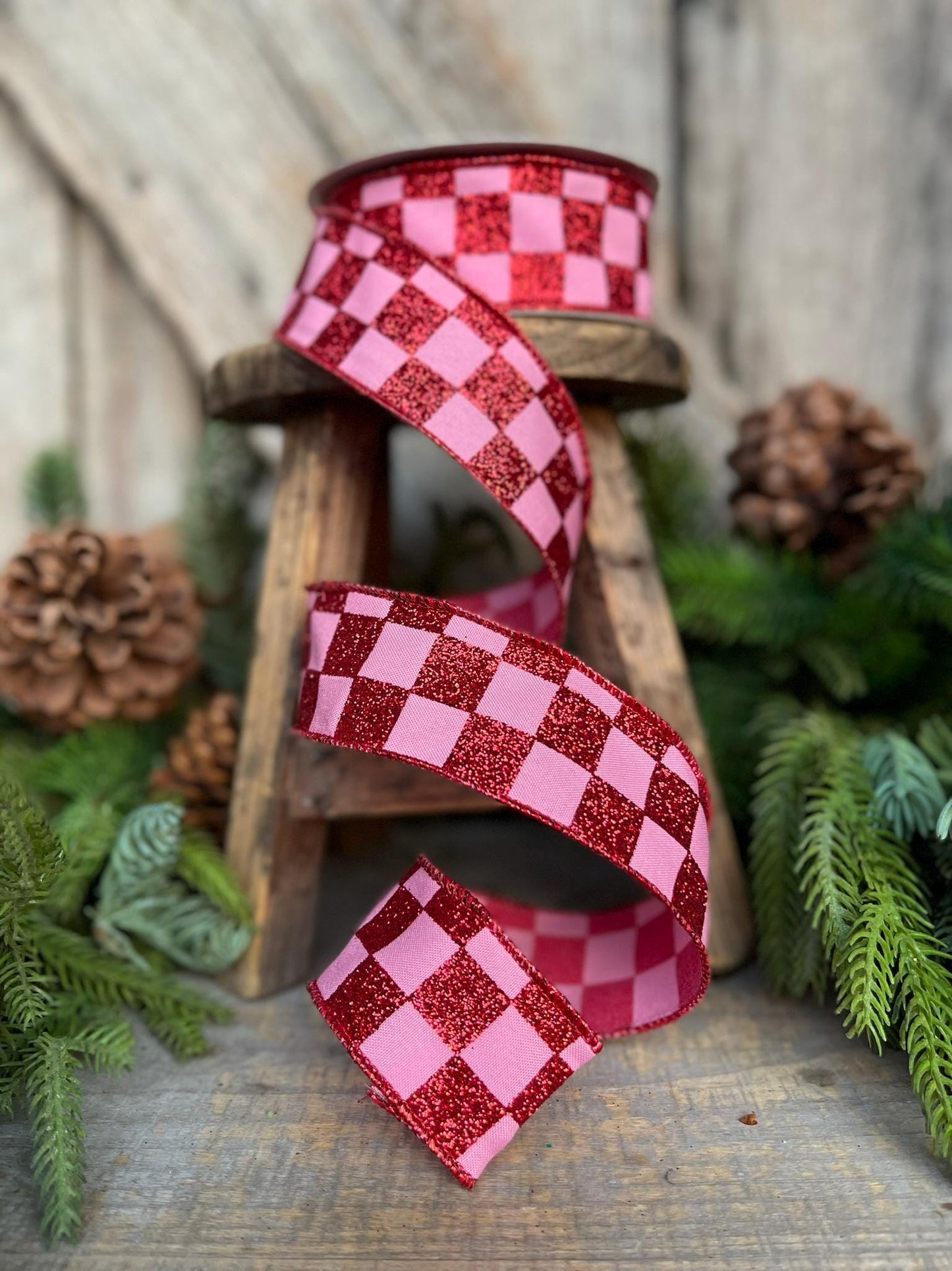 1.5" Red Pink Glitter Check Ribbon, Christmas RIbbon