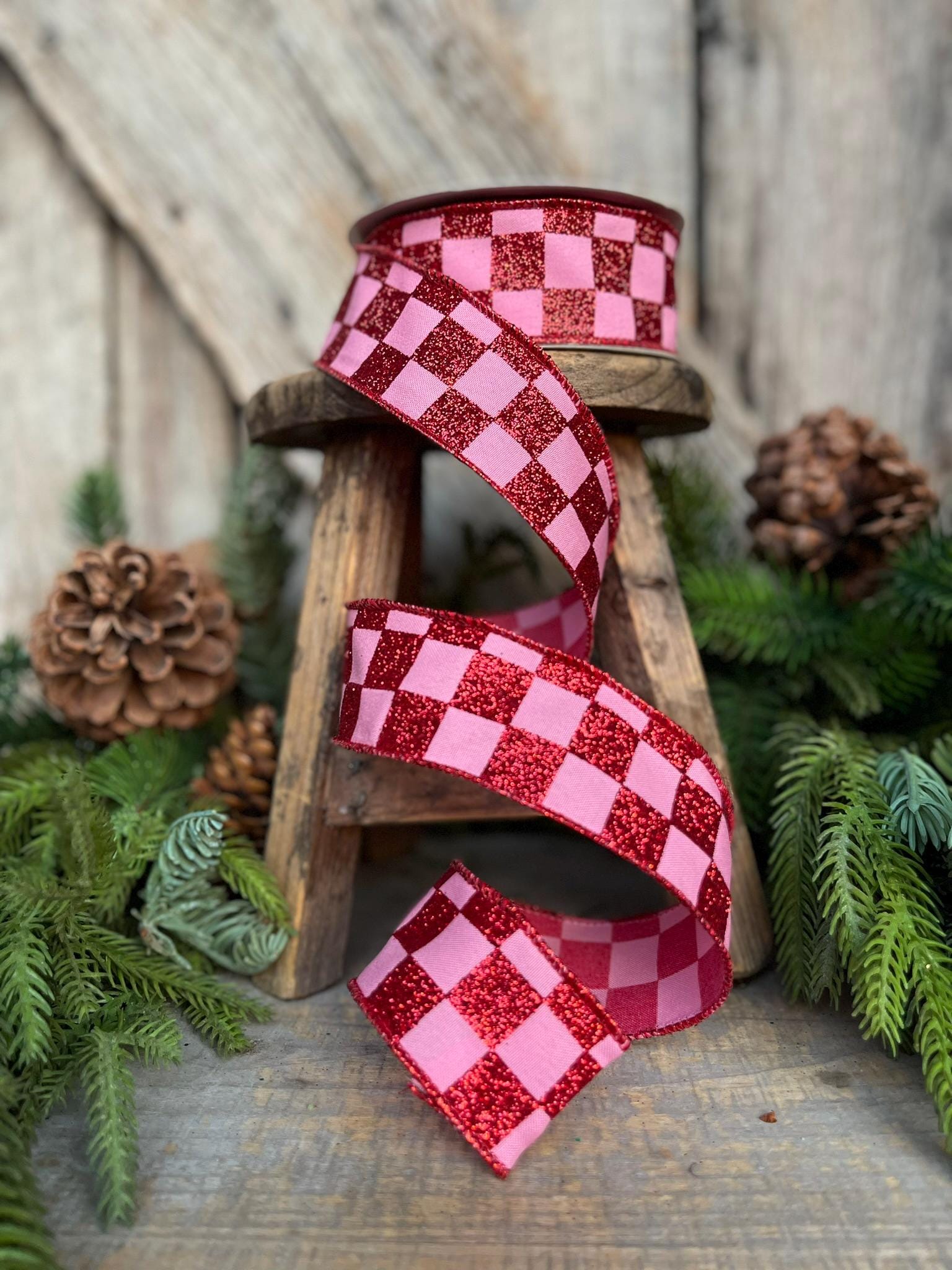 1.5" Red Pink Glitter Check Ribbon, Christmas RIbbon