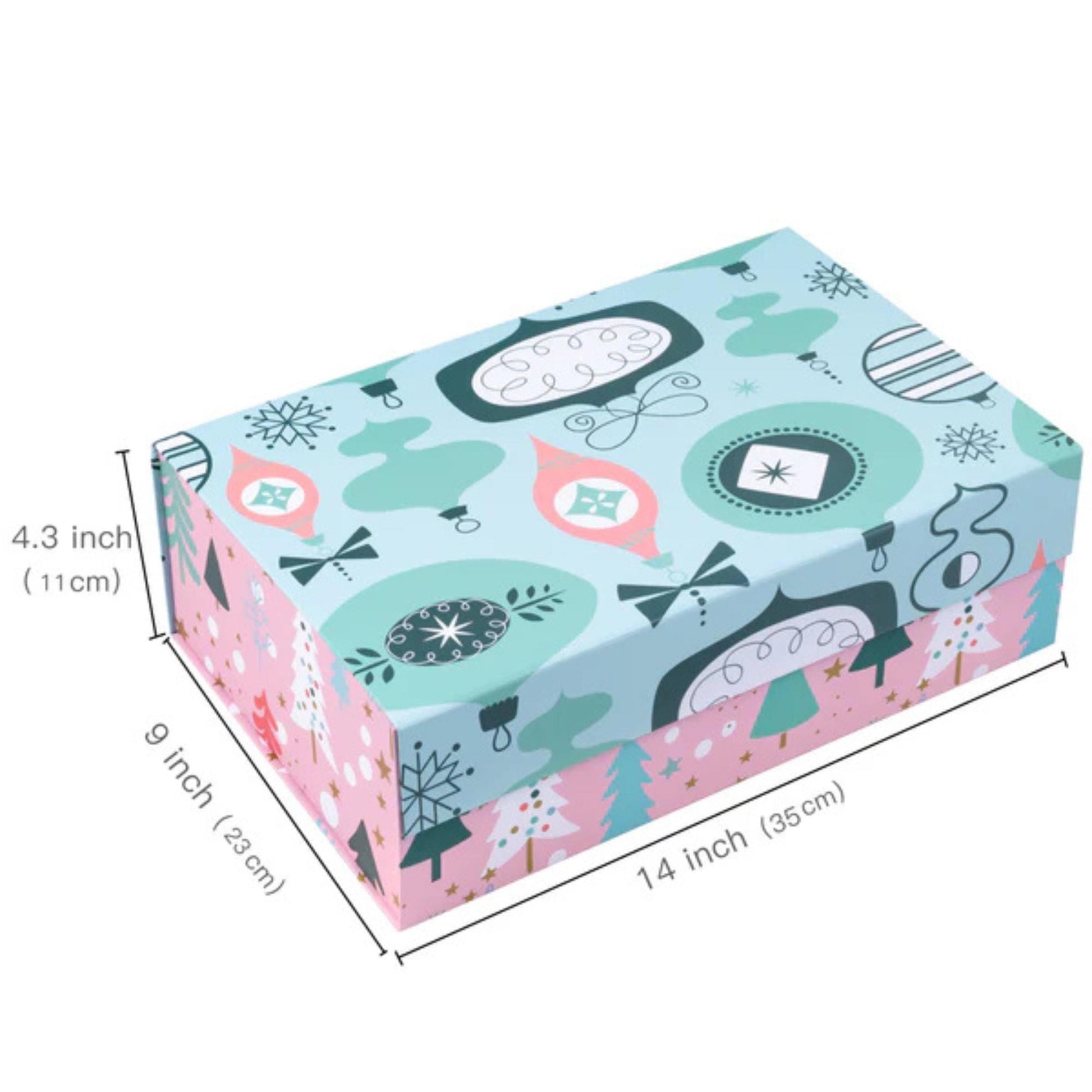 14" x 9" x 4.3" Collapsable Holiday Gift Box w/ 2-pcs White Tissue Paper & Magnetic Square Flap Lid | Pink And Blue Christmas Ornaments