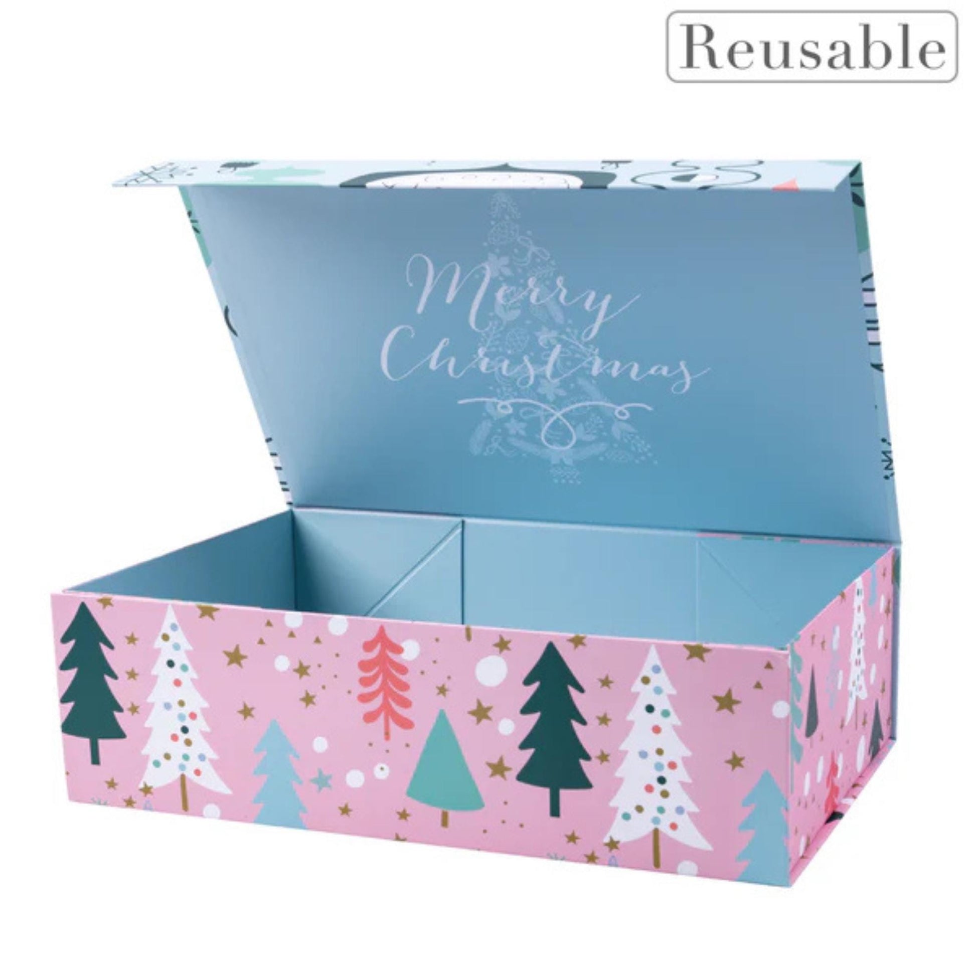 14" x 9" x 4.3" Collapsable Holiday Gift Box w/ 2-pcs White Tissue Paper & Magnetic Square Flap Lid | Pink And Blue Christmas Ornaments