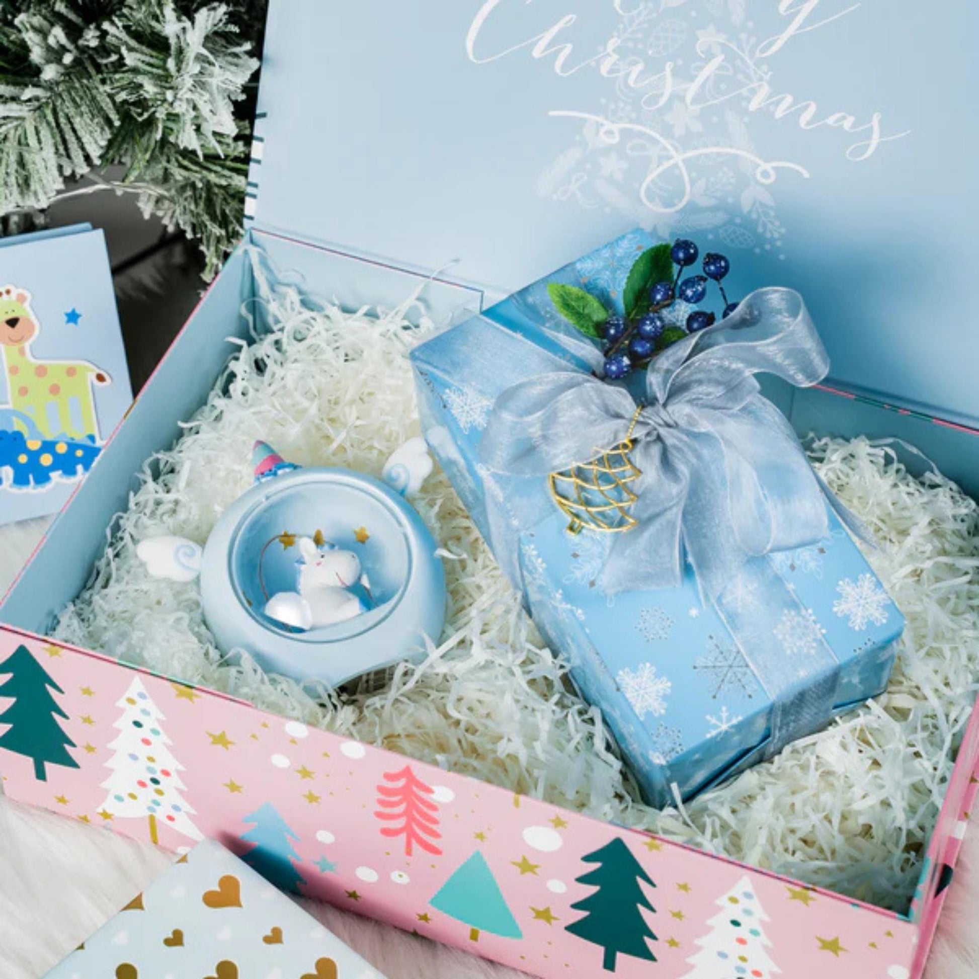 14" x 9" x 4.3" Collapsable Holiday Gift Box w/ 2-pcs White Tissue Paper & Magnetic Square Flap Lid | Pink And Blue Christmas Ornaments