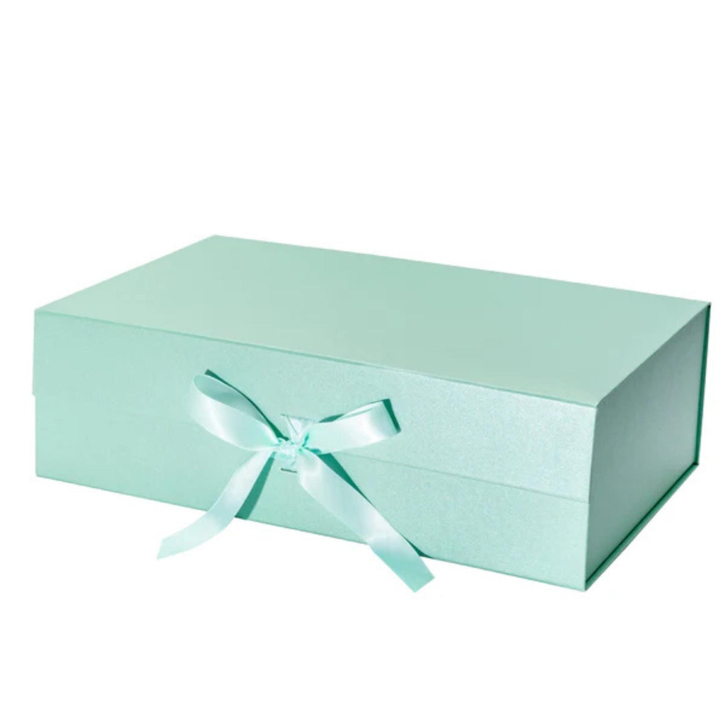 14" x 9" x 4.3" Tiffany Blue Collapsable Gift Box w/ Satin Ribbon & Magnetic Square Flap Lid Mint Color