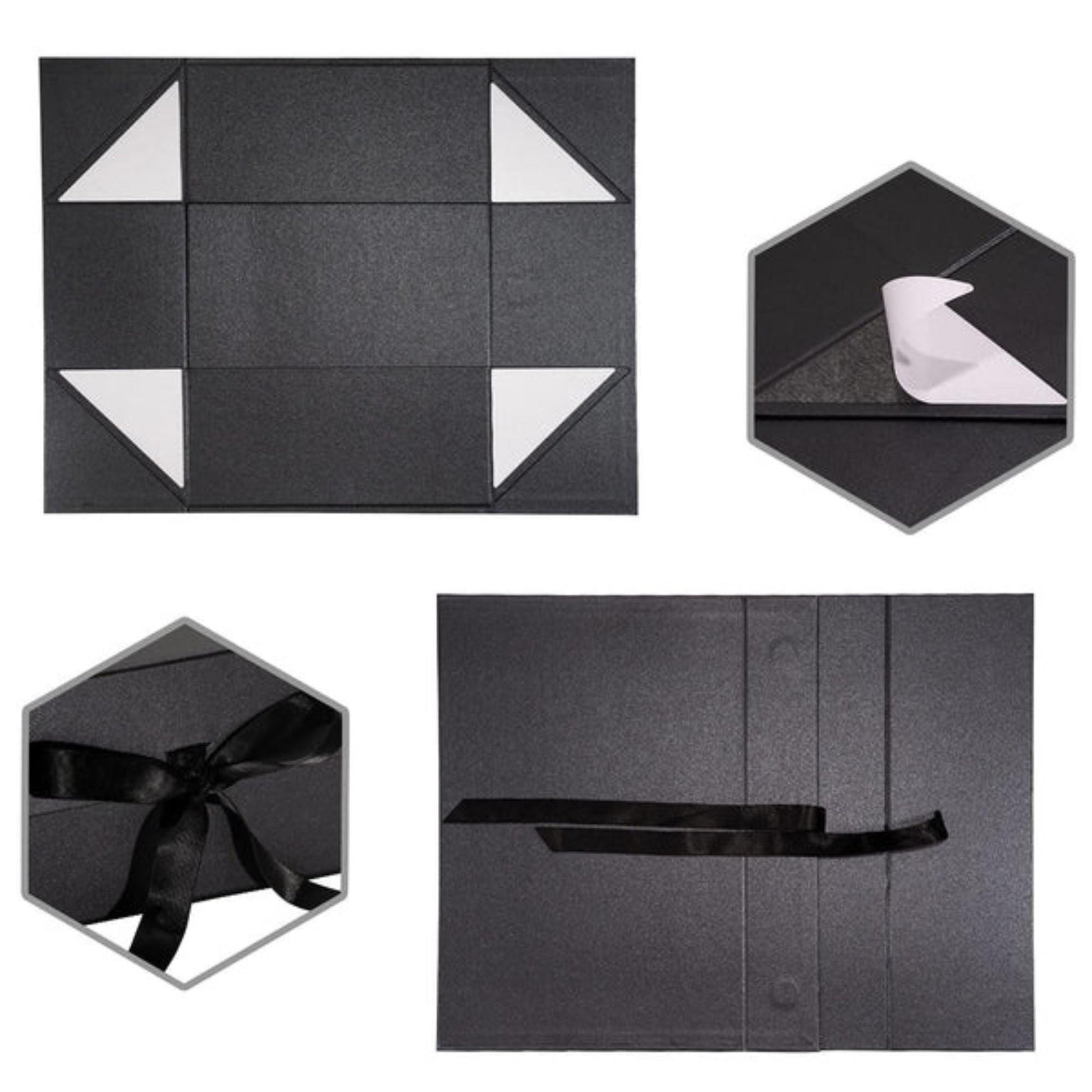 14" x 9" x 4.3" Black Collapsable Gift Box w/ Satin Ribbon & Magnetic Square Flap Lid | Black