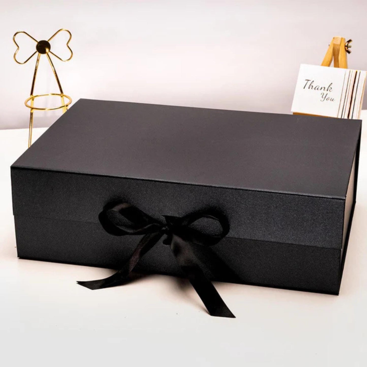 14" x 9" x 4.3" Black Collapsable Gift Box w/ Satin Ribbon & Magnetic Square Flap Lid | Black