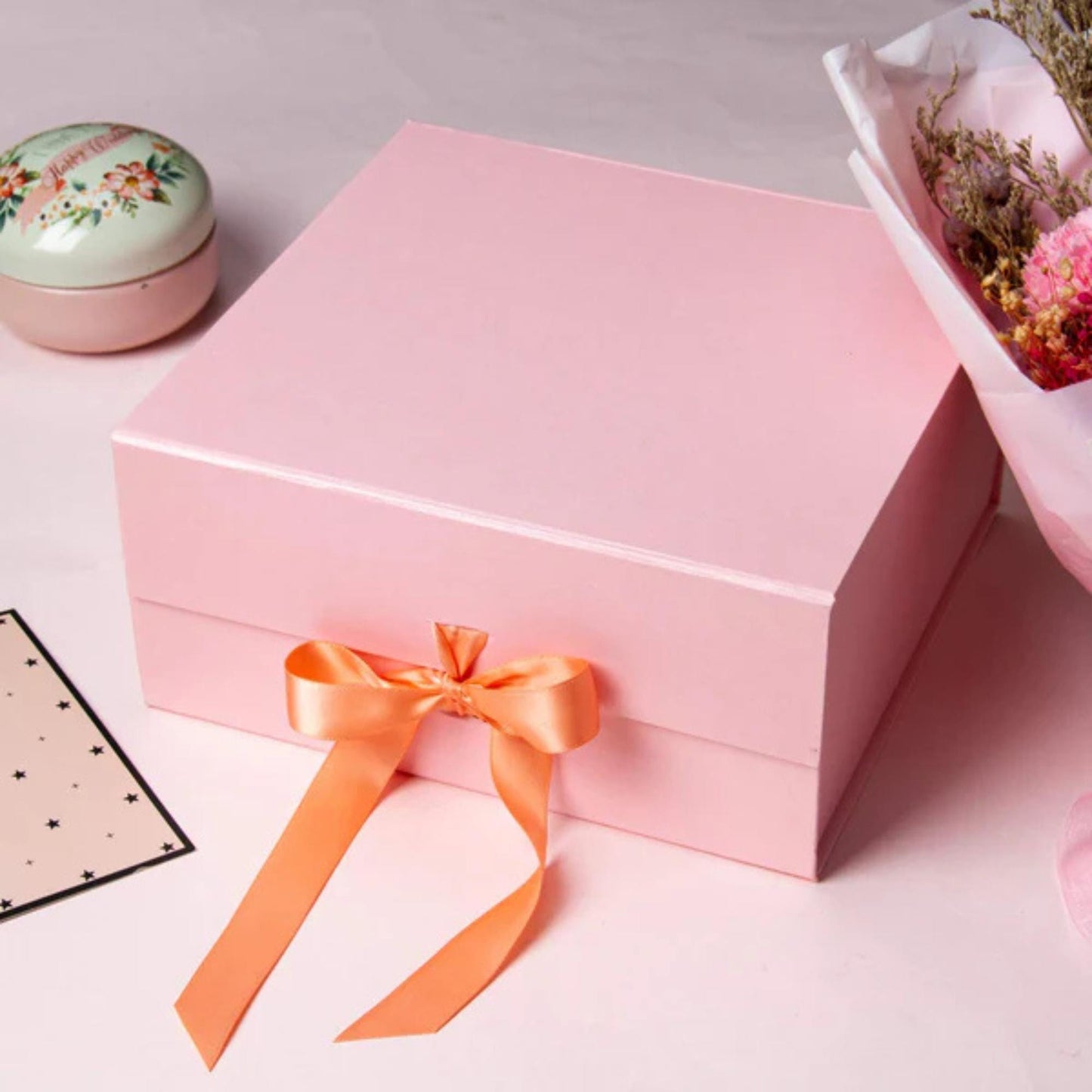 8" x 8" x 4" Pink Collapsable Gift Box w/ Satin Ribbon & Magnetic Square Flap Lid | Pink