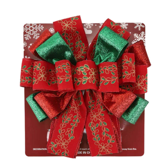 13" Decorative Christmas Tree Topper Bow (2.5" Wired Ribbon) | Red/Green Glitter Printed Floral