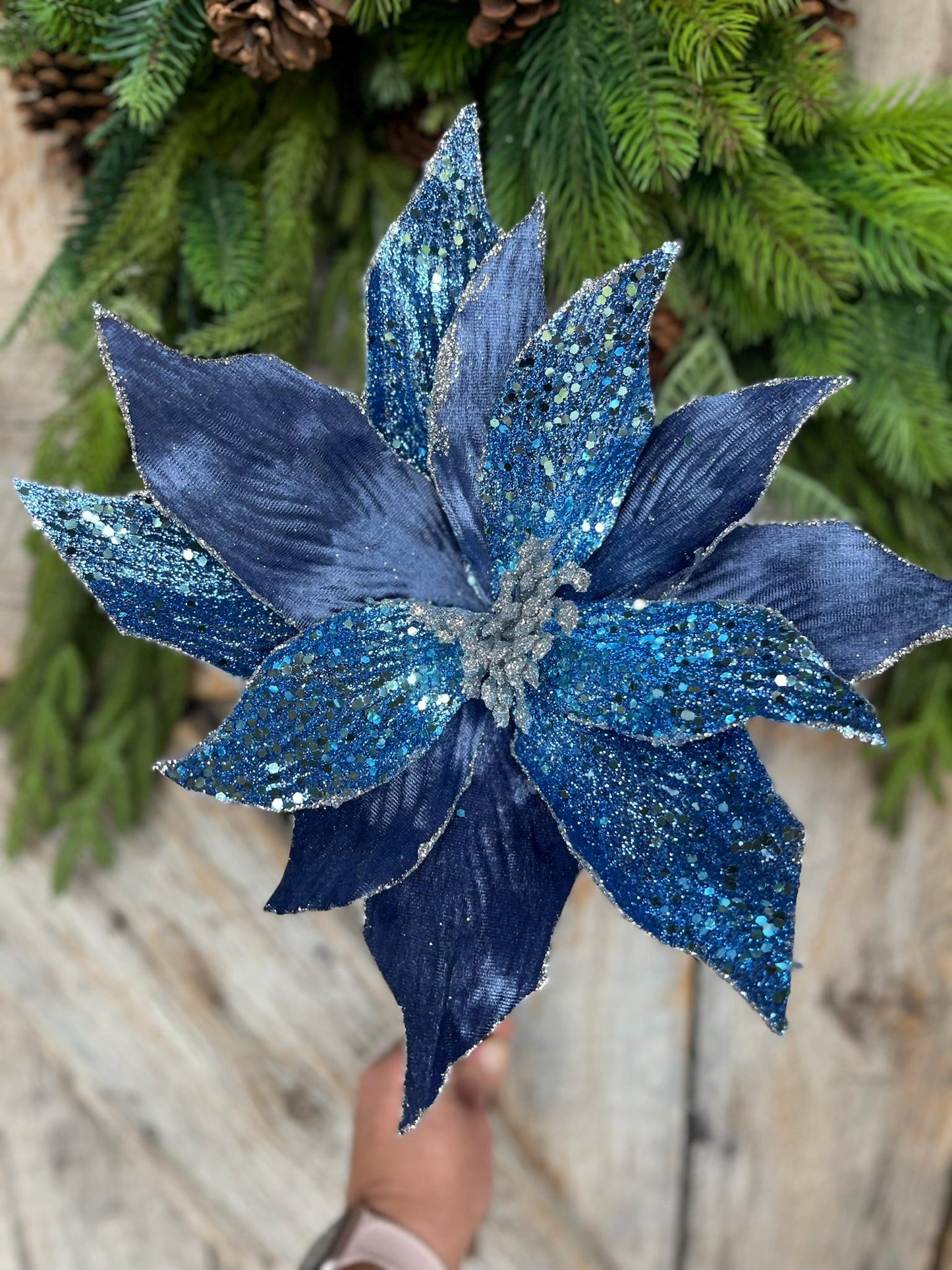 24" Blue Velvet Beaded Magnolia Stem, jeweled Christmas Spray