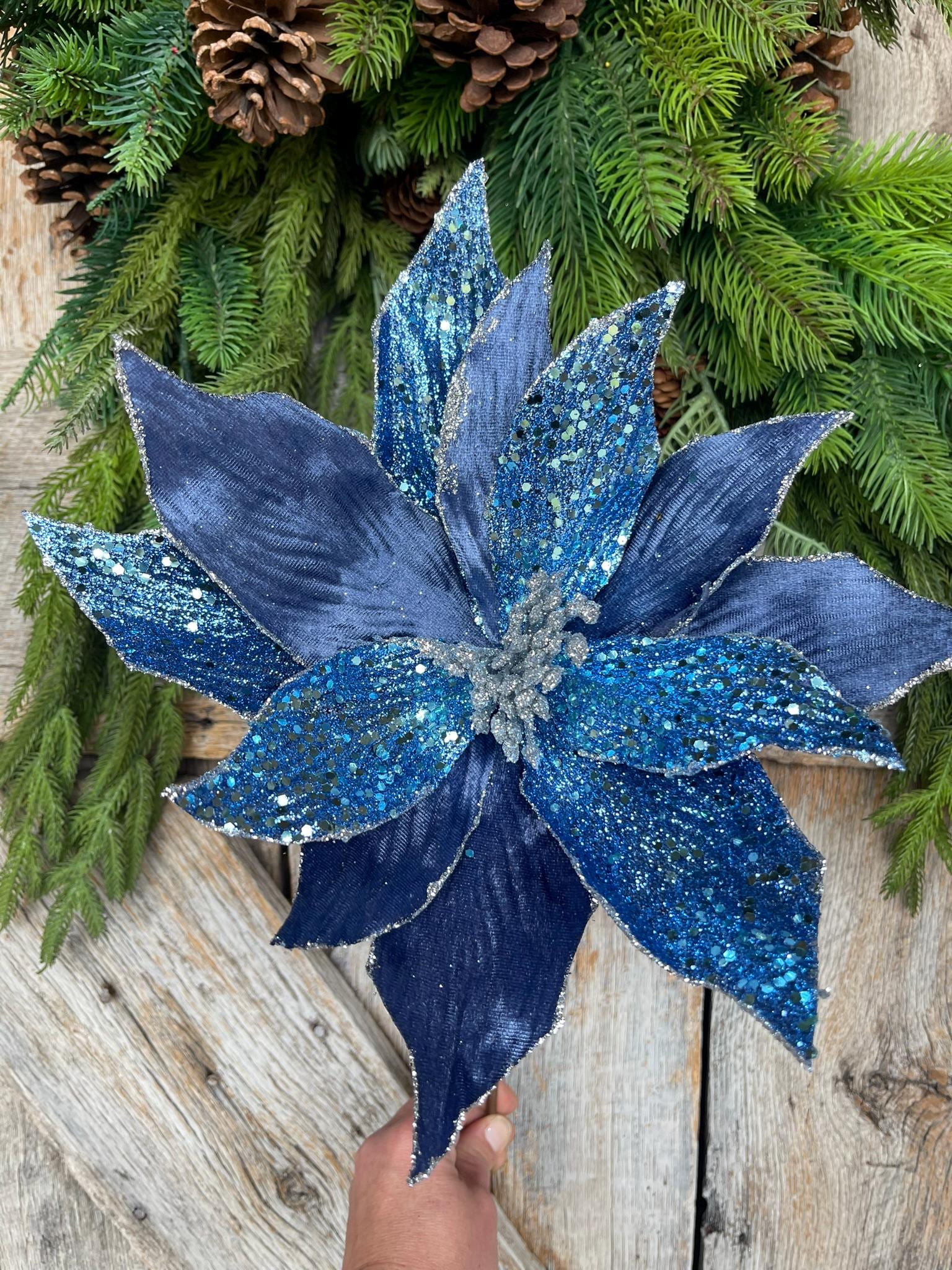 24" Blue Velvet Beaded Magnolia Stem, jeweled Christmas Spray