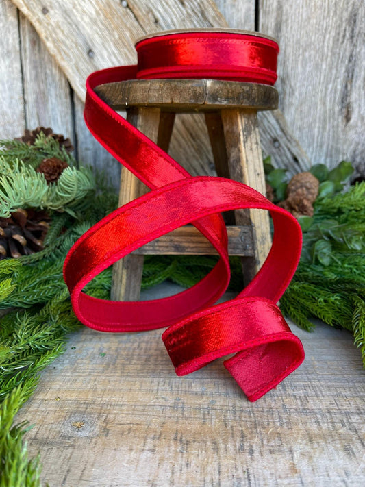 1" Red Velvet Ribbon, Red Wired Velvet Ribbon, Christmas RIbbon, Red Velvet Ribbon, Designer Ribbon, Gift Wrap Ribbon, Christmas