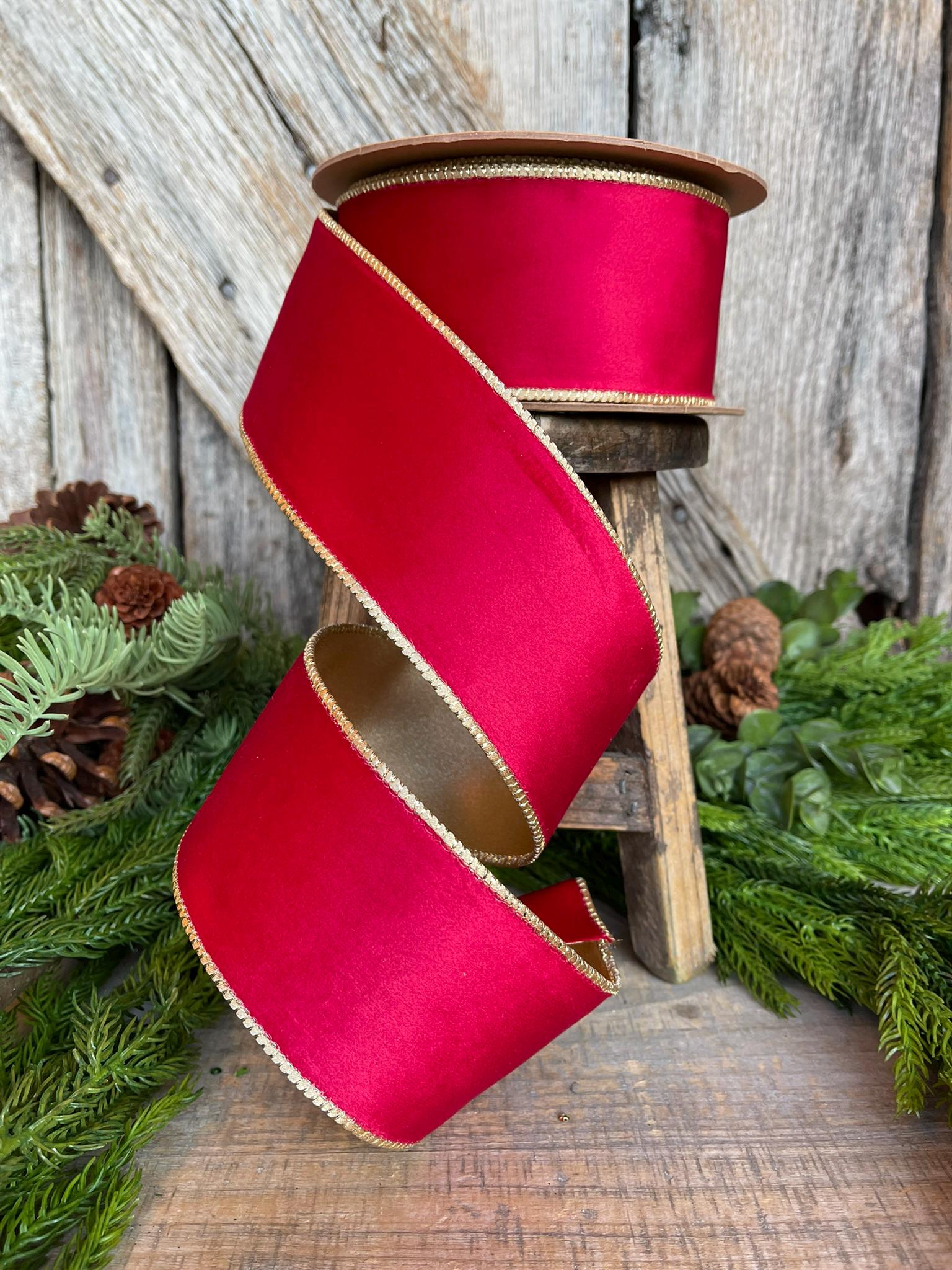 2.5" Red Gold Velvet Ribbon, Red Velvet Ribbon, Christmas RIbbon, Red and Gold Velvet Ribbon, Designer Ribbon, Gift Wrap Ribbon, Christmas