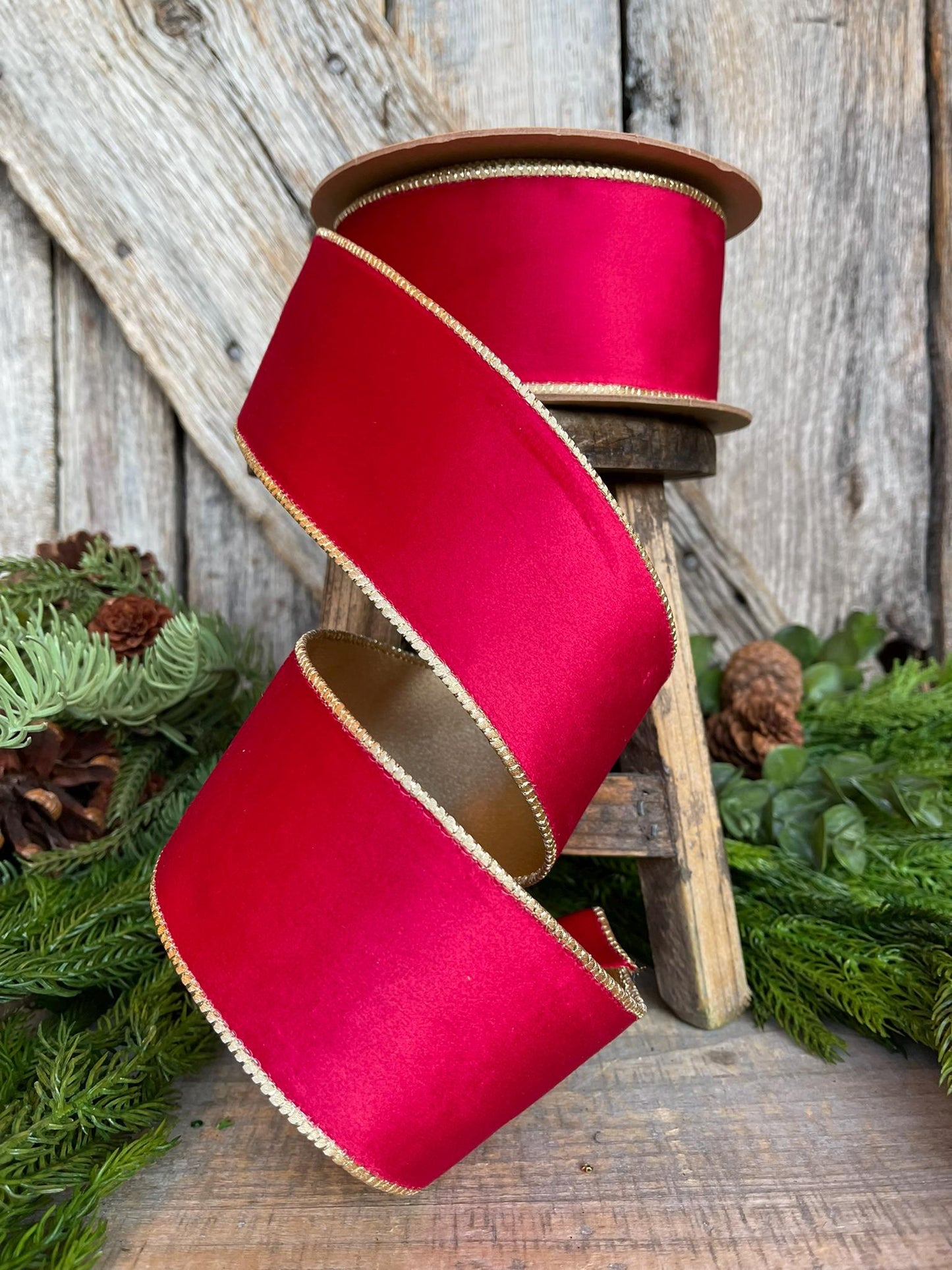 2.5" Red Gold Velvet Ribbon, Red Velvet Ribbon, Christmas RIbbon, Red and Gold Velvet Ribbon, Designer Ribbon, Gift Wrap Ribbon, Christmas