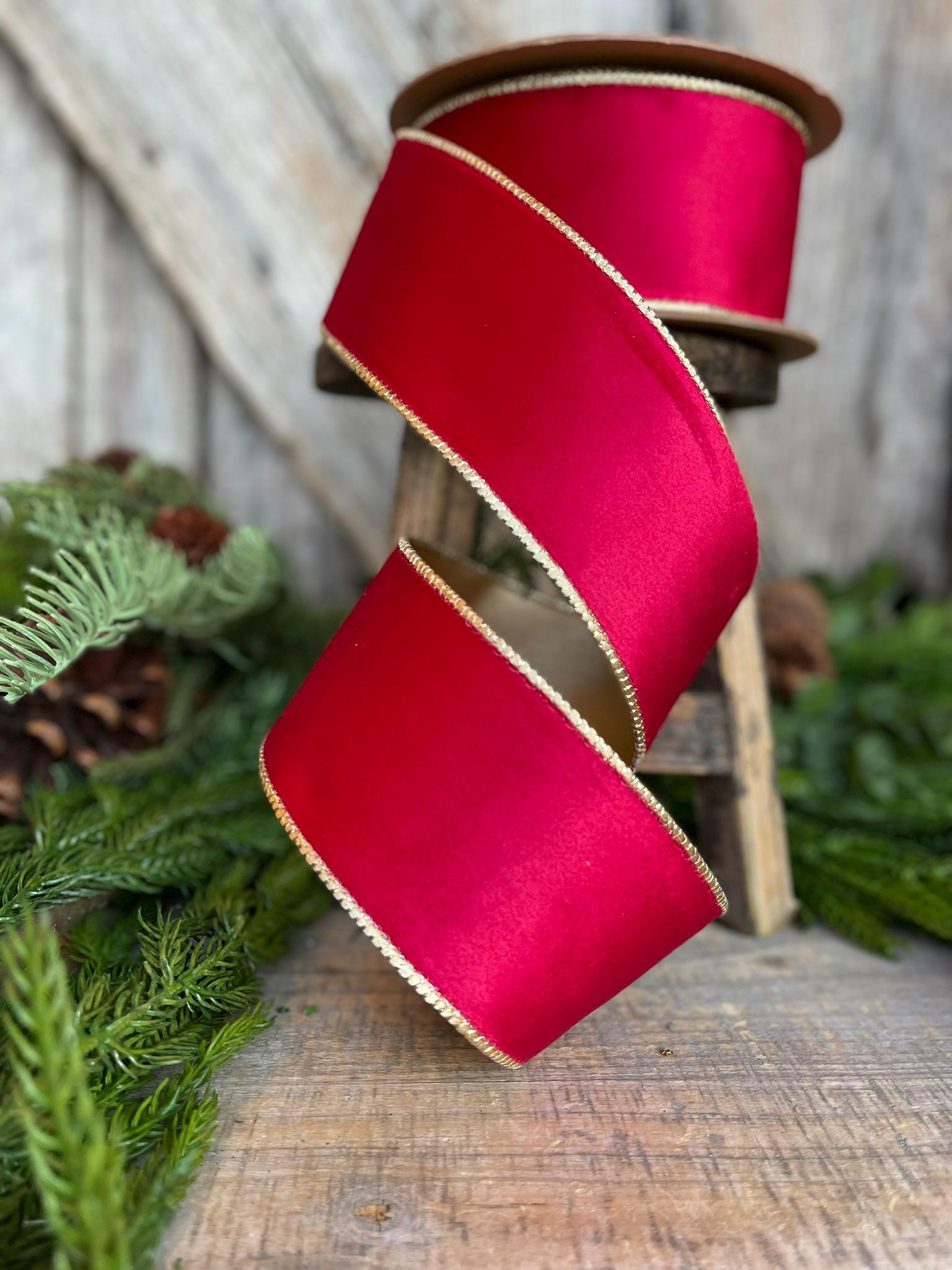 2.5" Red Gold Velvet Ribbon, Red Velvet Ribbon, Christmas RIbbon, Red and Gold Velvet Ribbon, Designer Ribbon, Gift Wrap Ribbon, Christmas