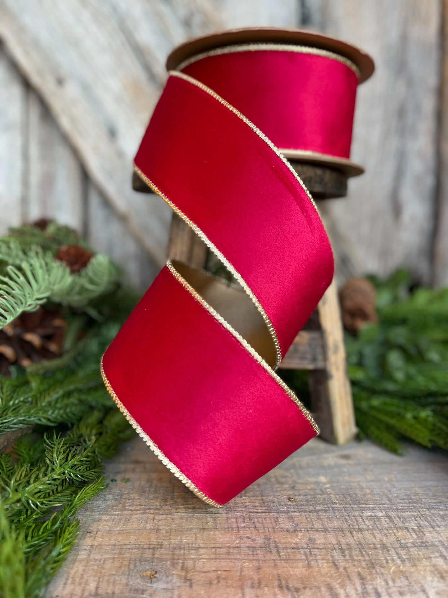 2.5" Red Gold Velvet Ribbon, Red Velvet Ribbon, Christmas RIbbon, Red and Gold Velvet Ribbon, Designer Ribbon, Gift Wrap Ribbon, Christmas