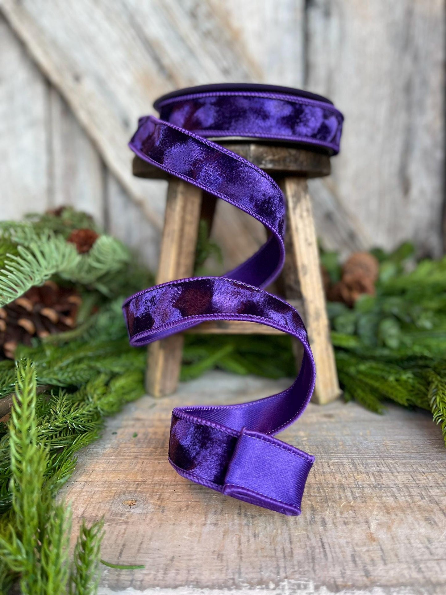 1" Purple Velvet Ribbon, Silken Velvet Ribbon, Farrisilk Wired Velvet Ribbon, wired, Christmas Ribbon, Purple Velvet Ribbon