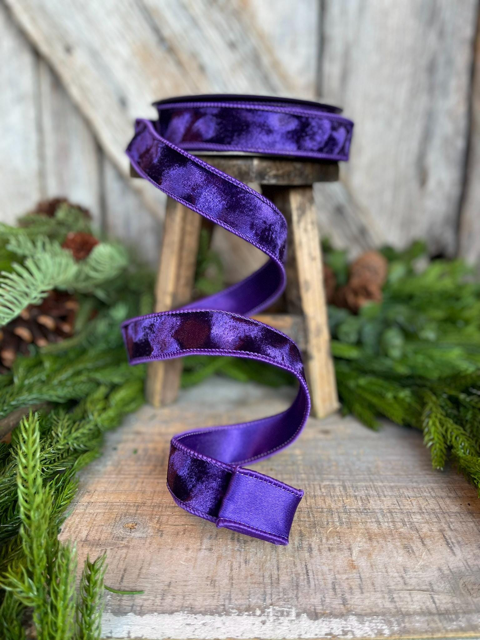 1" Purple Velvet Ribbon, Silken Velvet Ribbon, Farrisilk Wired Velvet Ribbon, wired, Christmas Ribbon, Purple Velvet Ribbon