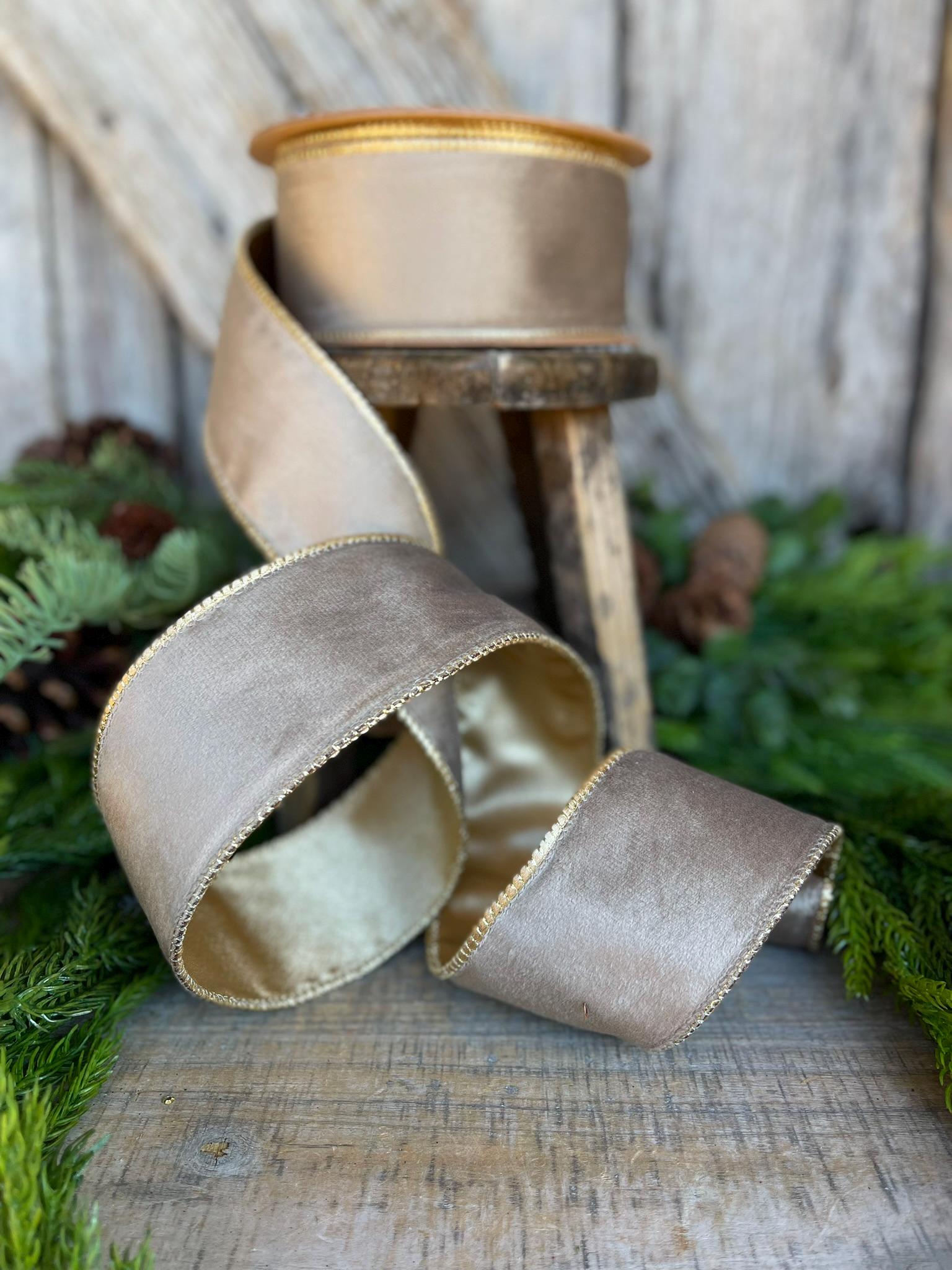 2.5" Mink Brown Velvet RIbbon, Wired Ribbon, Champagne Gold Velvet Ribbon, Christmas Velvet Ribbon, Fall Ribbon, Designer Velvet Ribbon