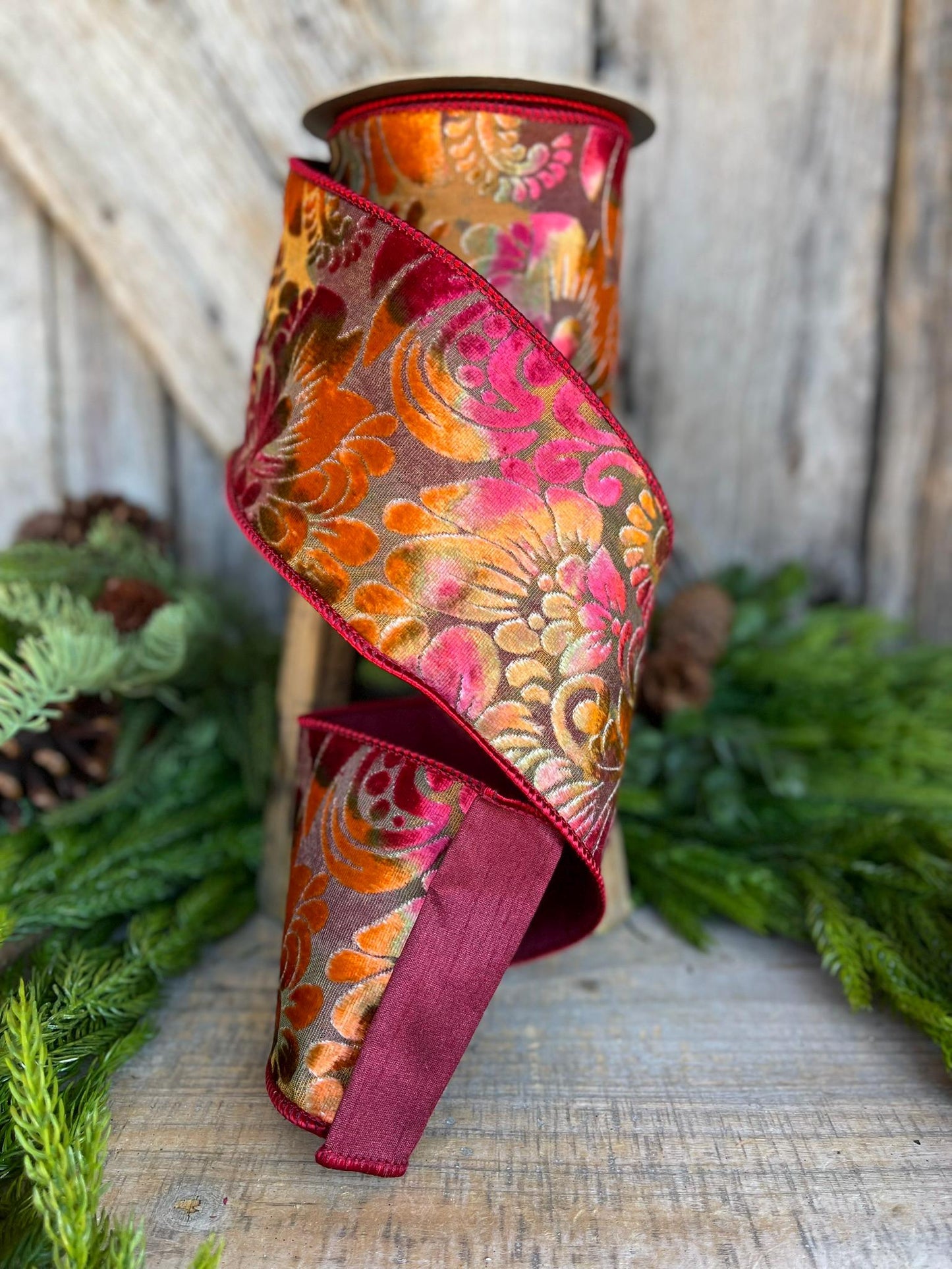 4" Velvet Floral Ribbon, Burgundy Ribbon, Rust Colored, Warm Tones Ribbon, Christmas Tree Ribbon, Velvet Ribbon