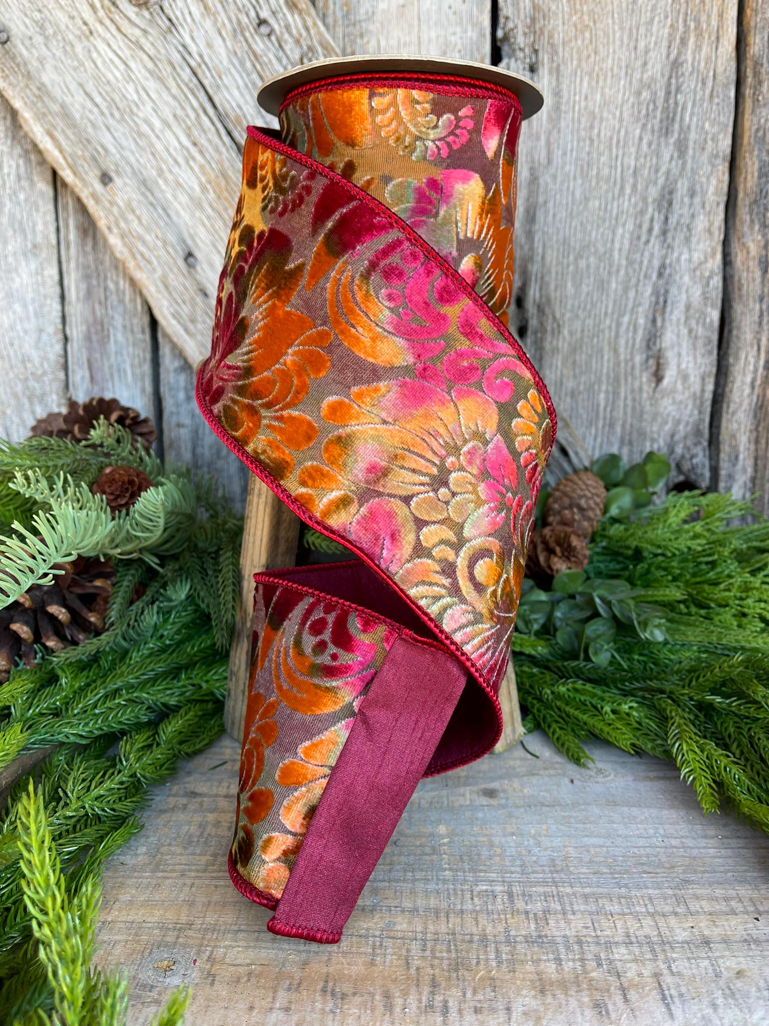 4" Velvet Floral Ribbon, Burgundy Ribbon, Rust Colored, Warm Tones Ribbon, Christmas Tree Ribbon, Velvet Ribbon