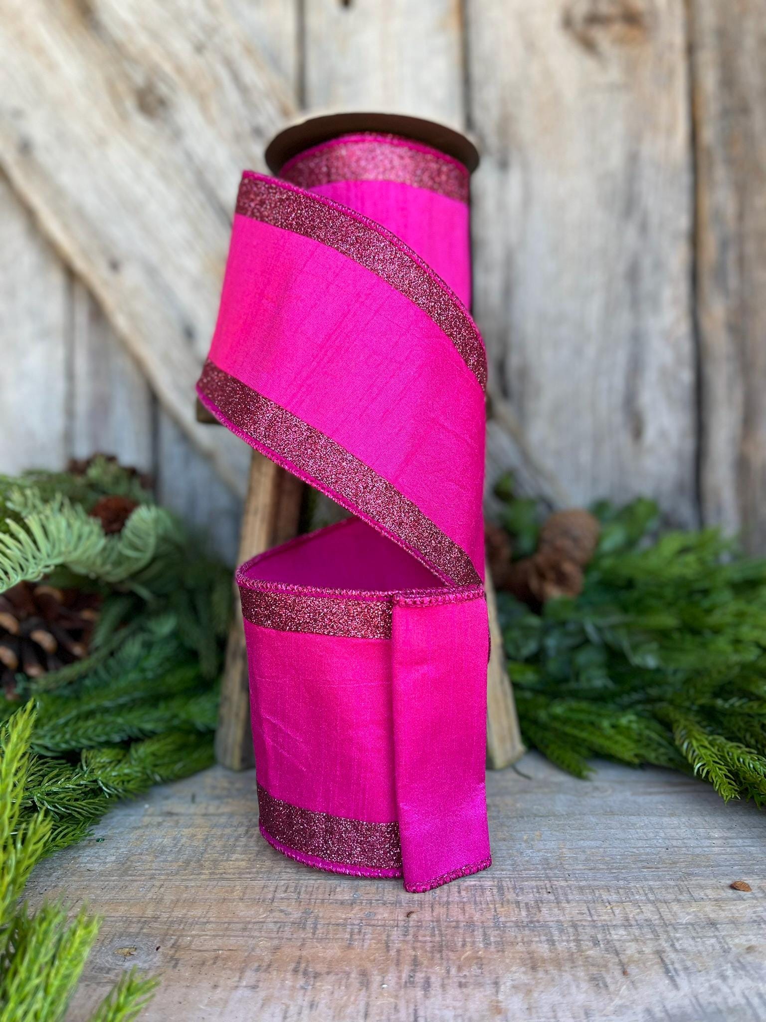 4" Hot Pink Ribbon, Hot Pink Wired RIbbon, Christmas RIbbon, Ribbon for Tree, Fuchsia Ribbon,Hot Pink Fuchsia Ribbon,Hot Pink Glitter RIbbon