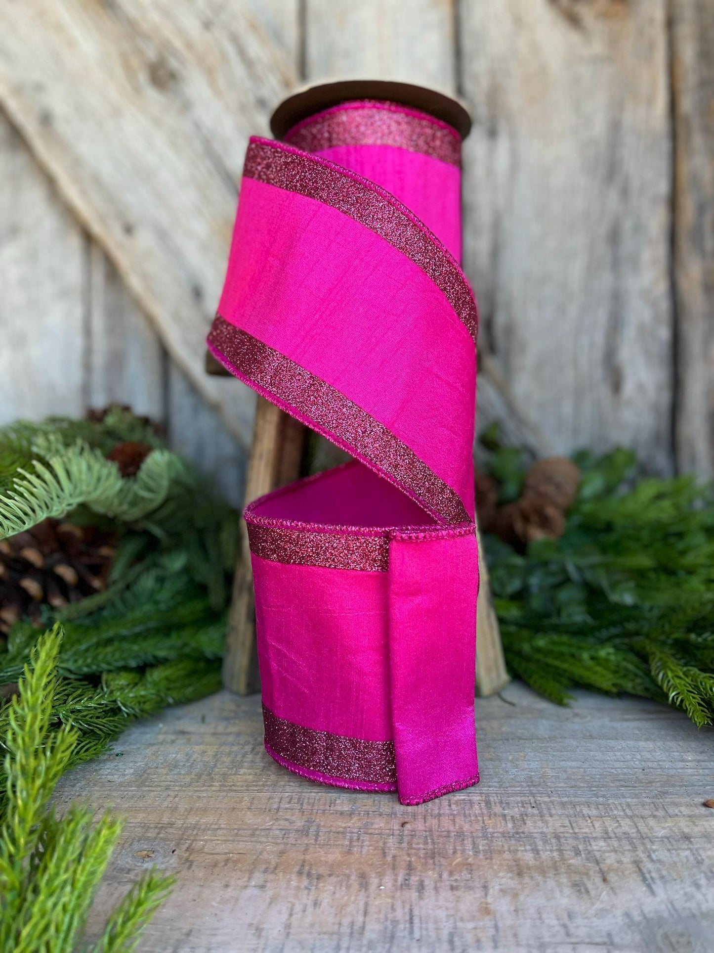 4" Hot Pink Ribbon, Hot Pink Wired RIbbon, Christmas RIbbon, Ribbon for Tree, Fuchsia Ribbon,Hot Pink Fuchsia Ribbon,Hot Pink Glitter RIbbon