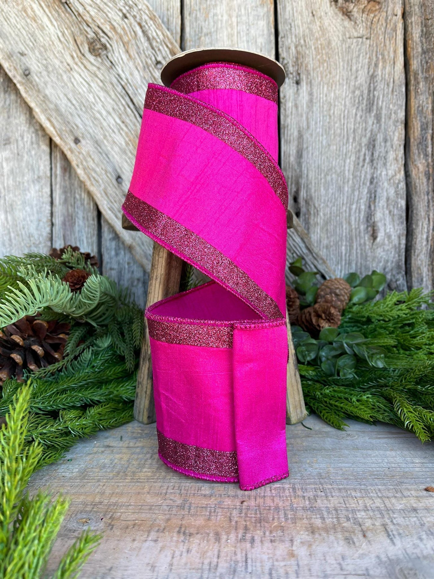 4" Hot Pink Ribbon, Hot Pink Wired RIbbon, Christmas RIbbon, Ribbon for Tree, Fuchsia Ribbon,Hot Pink Fuchsia Ribbon,Hot Pink Glitter RIbbon