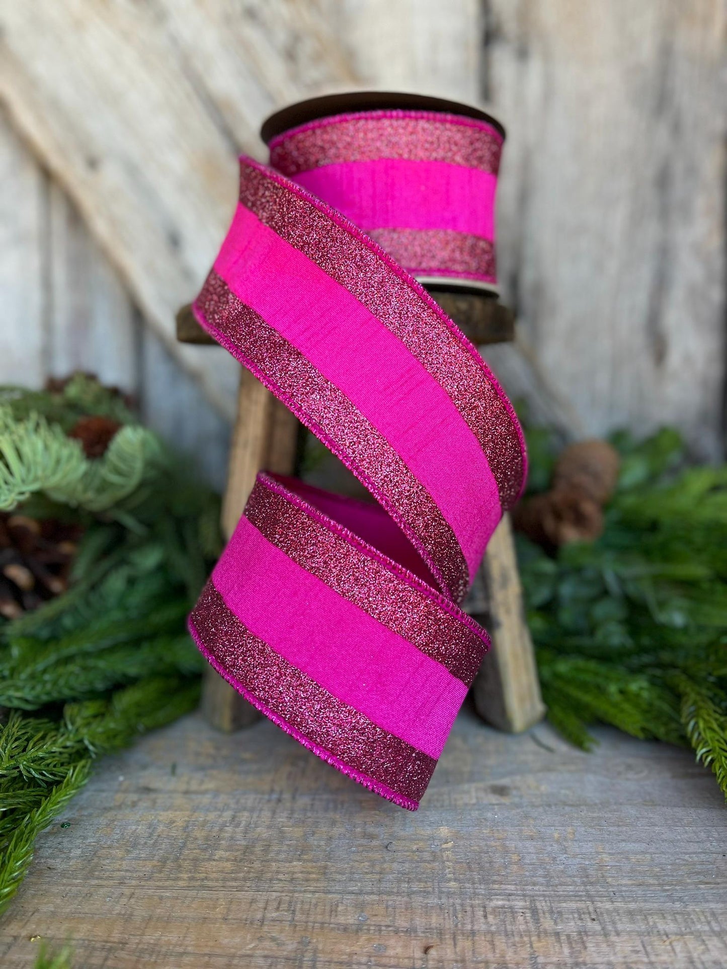 2.5" Hot Pink Ribbon, Hot Pink Wired RIbbon,Christmas RIbbon,Ribbon for Tree, Fuchsia Ribbon,Hot Pink Fuchsia Ribbon,Hot Pink Glitter RIbbon