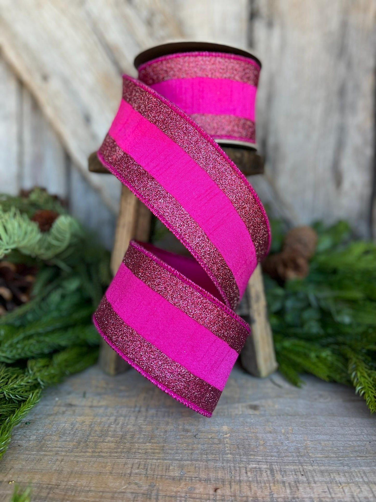 2.5" Hot Pink Ribbon, Hot Pink Wired RIbbon,Christmas RIbbon,Ribbon for Tree, Fuchsia Ribbon,Hot Pink Fuchsia Ribbon,Hot Pink Glitter RIbbon