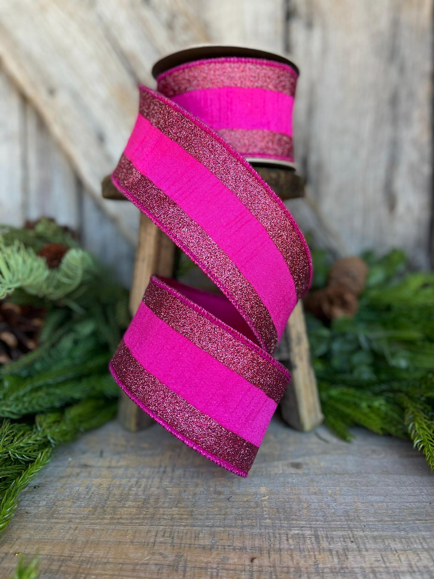 2.5" Hot Pink Ribbon, Hot Pink Wired RIbbon,Christmas RIbbon,Ribbon for Tree, Fuchsia Ribbon,Hot Pink Fuchsia Ribbon,Hot Pink Glitter RIbbon