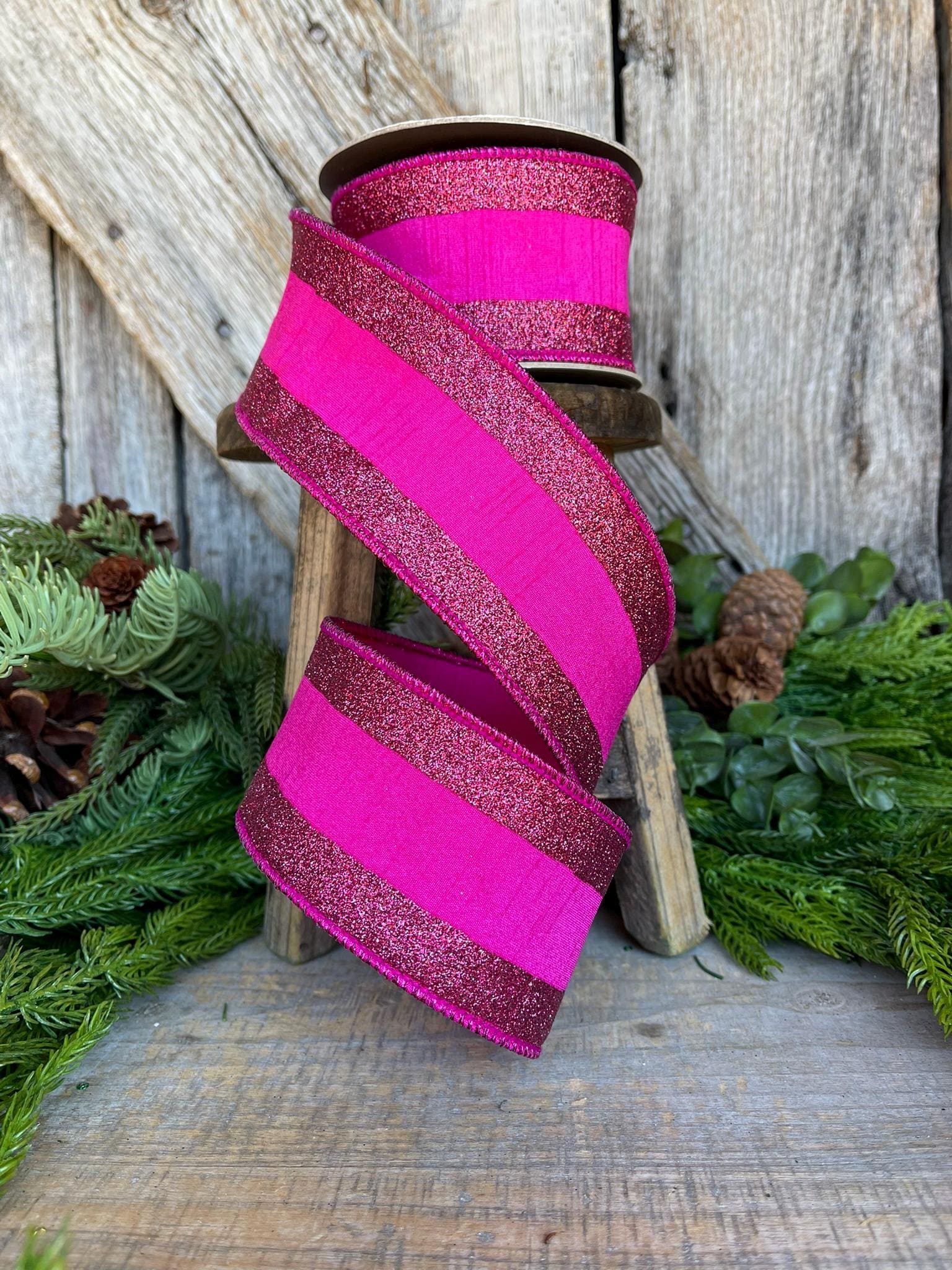 2.5" Hot Pink Ribbon, Hot Pink Wired RIbbon,Christmas RIbbon,Ribbon for Tree, Fuchsia Ribbon,Hot Pink Fuchsia Ribbon,Hot Pink Glitter RIbbon