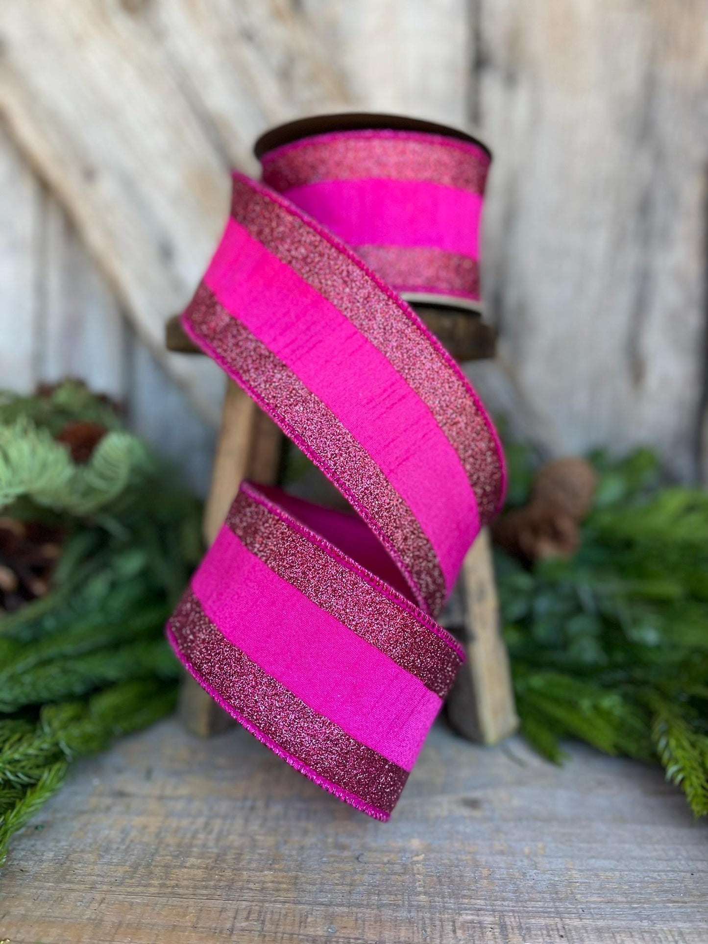 2.5" Hot Pink Ribbon, Hot Pink Wired RIbbon,Christmas RIbbon,Ribbon for Tree, Fuchsia Ribbon,Hot Pink Fuchsia Ribbon,Hot Pink Glitter RIbbon