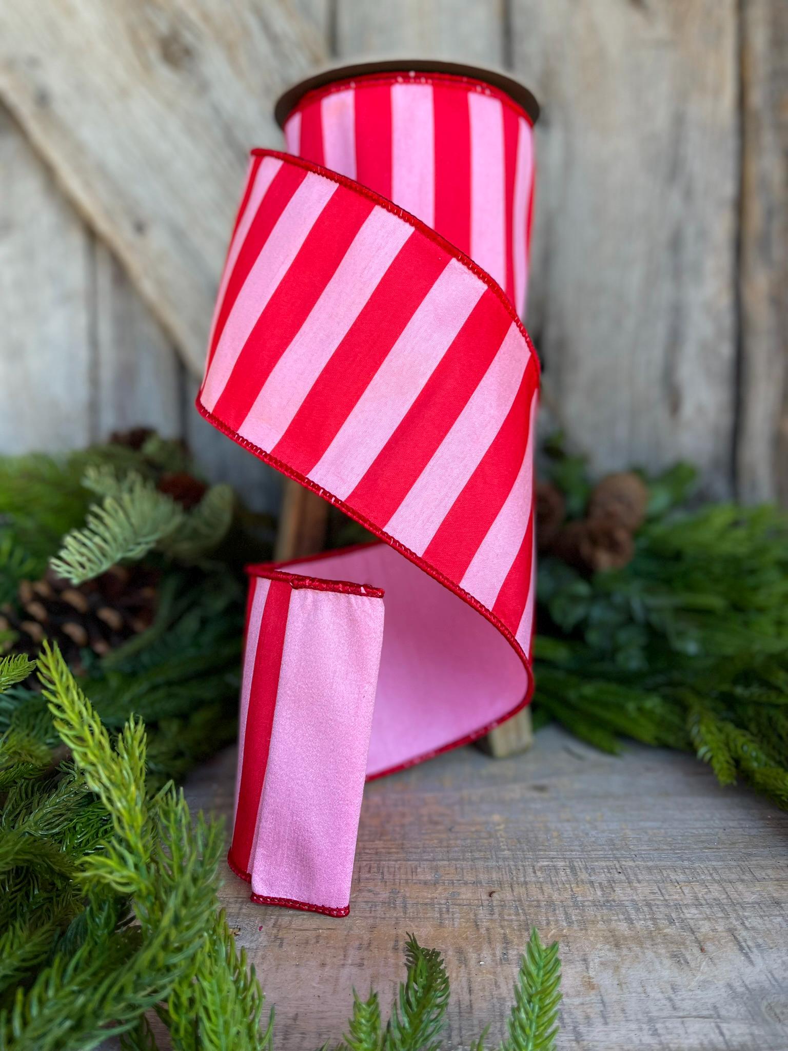 4" Red & Pink Stripe Ribbon, Christmas Ribbon, Pinkmas Ribon, Candy Cane Ribbon, Pink Ribbon, Pink Christmas Tree Ribbon, Wired Ribbon