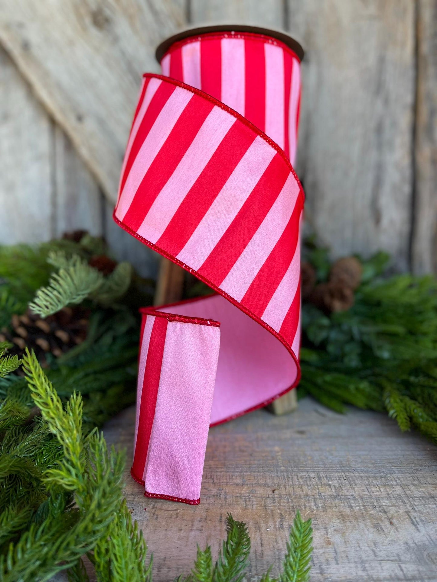 4" Red & Pink Stripe Ribbon, Christmas Ribbon, Pinkmas Ribon, Candy Cane Ribbon, Pink Ribbon, Pink Christmas Tree Ribbon, Wired Ribbon