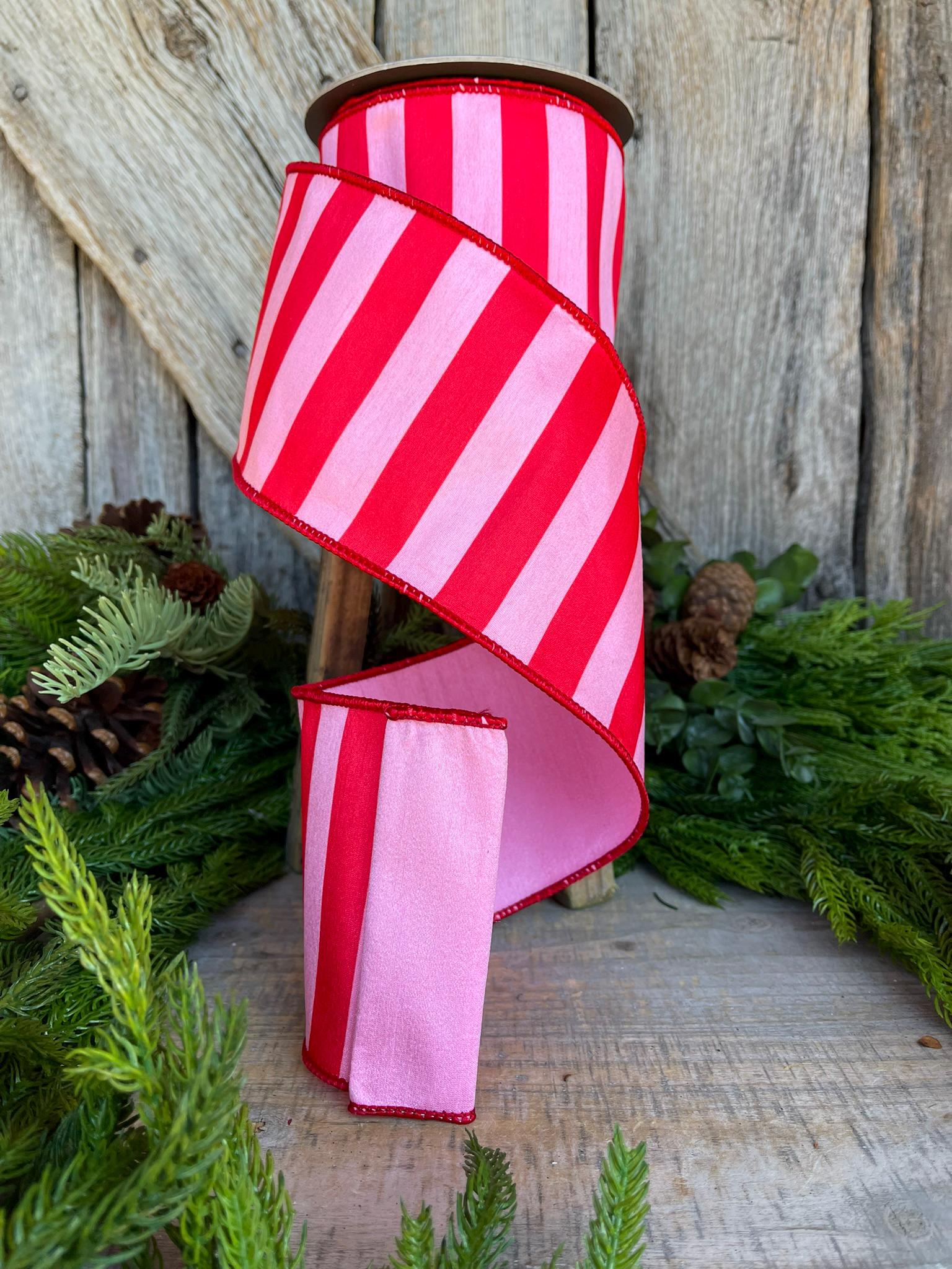 4" Red & Pink Stripe Ribbon, Christmas Ribbon, Pinkmas Ribon, Candy Cane Ribbon, Pink Ribbon, Pink Christmas Tree Ribbon, Wired Ribbon