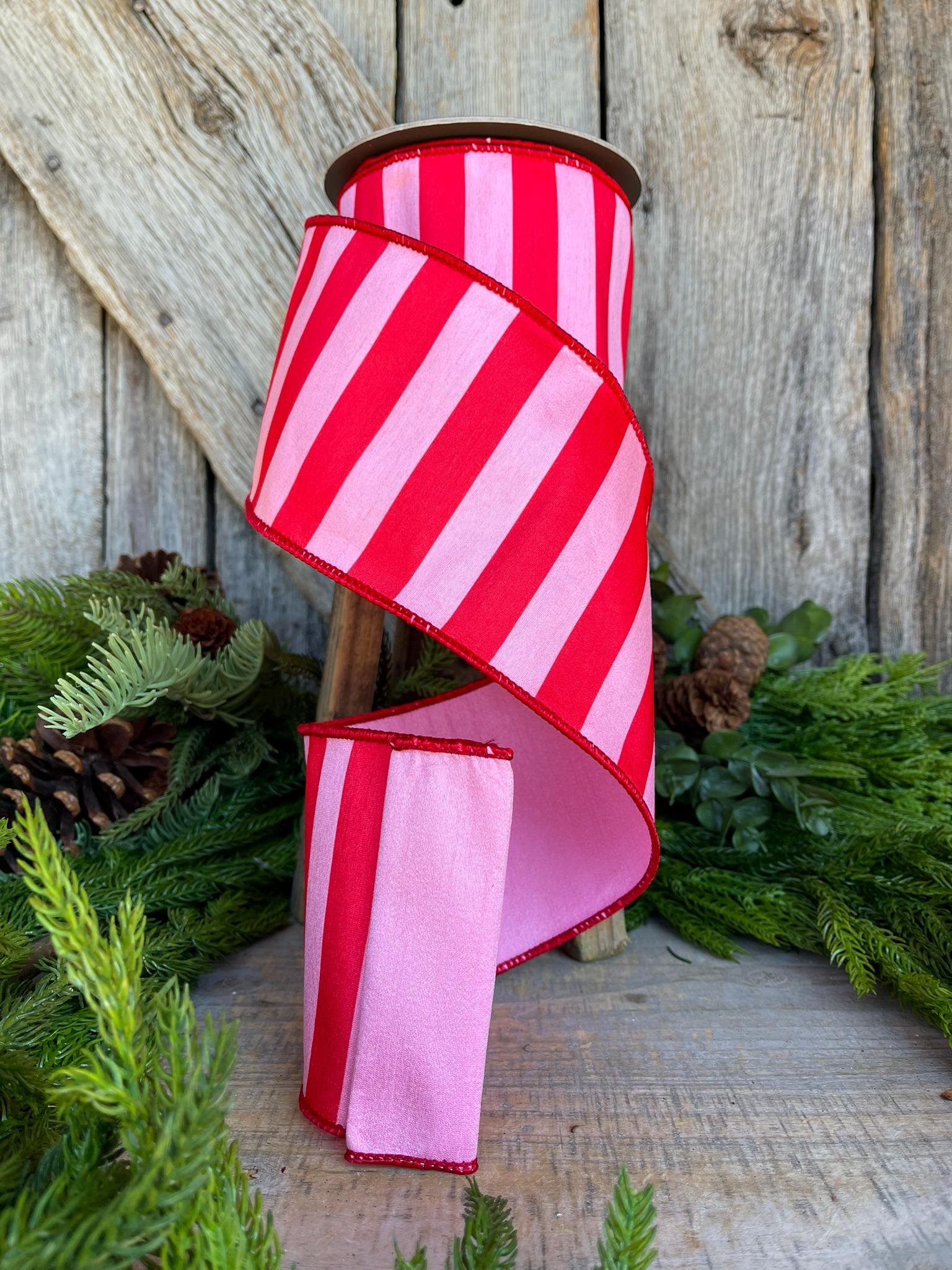 4" Red & Pink Stripe Ribbon, Christmas Ribbon, Pinkmas Ribon, Candy Cane Ribbon, Pink Ribbon, Pink Christmas Tree Ribbon, Wired Ribbon