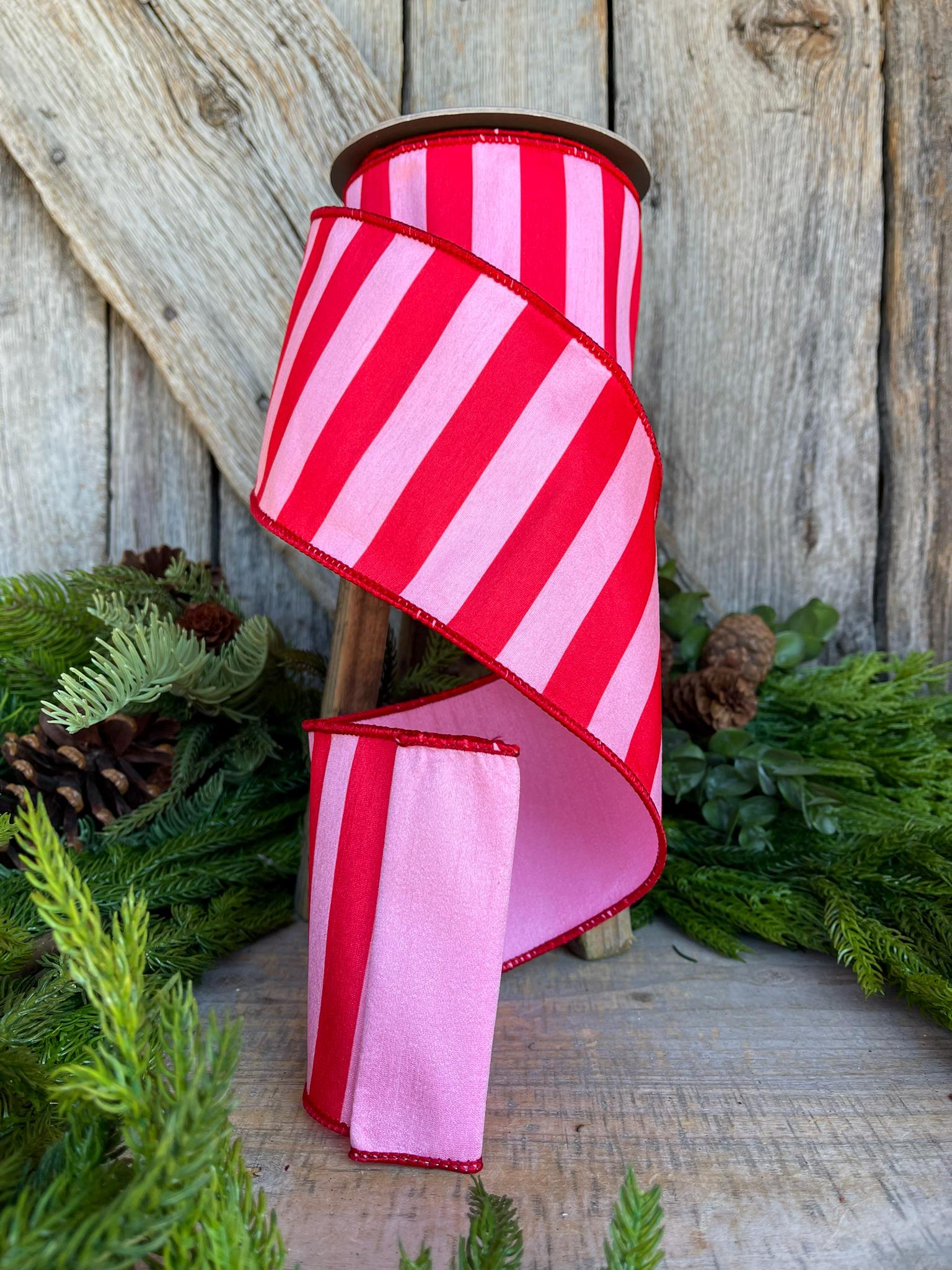 4" Red & Pink Stripe Ribbon, Christmas Ribbon, Pinkmas Ribon, Candy Cane Ribbon, Pink Ribbon, Pink Christmas Tree Ribbon, Wired Ribbon