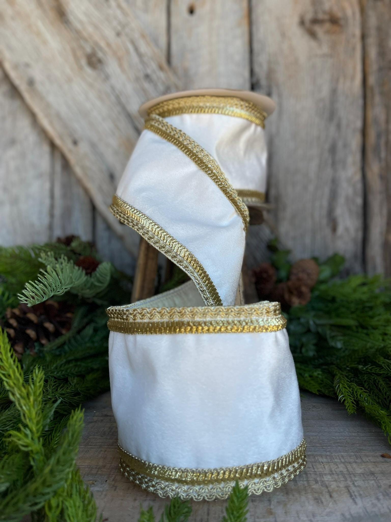 4" White Gold Ribbon, Wired RIbbon, White Velvet Ribbon, Christmas Ribbon, Ribbon for Tree, Velvet Ribbon for Tree