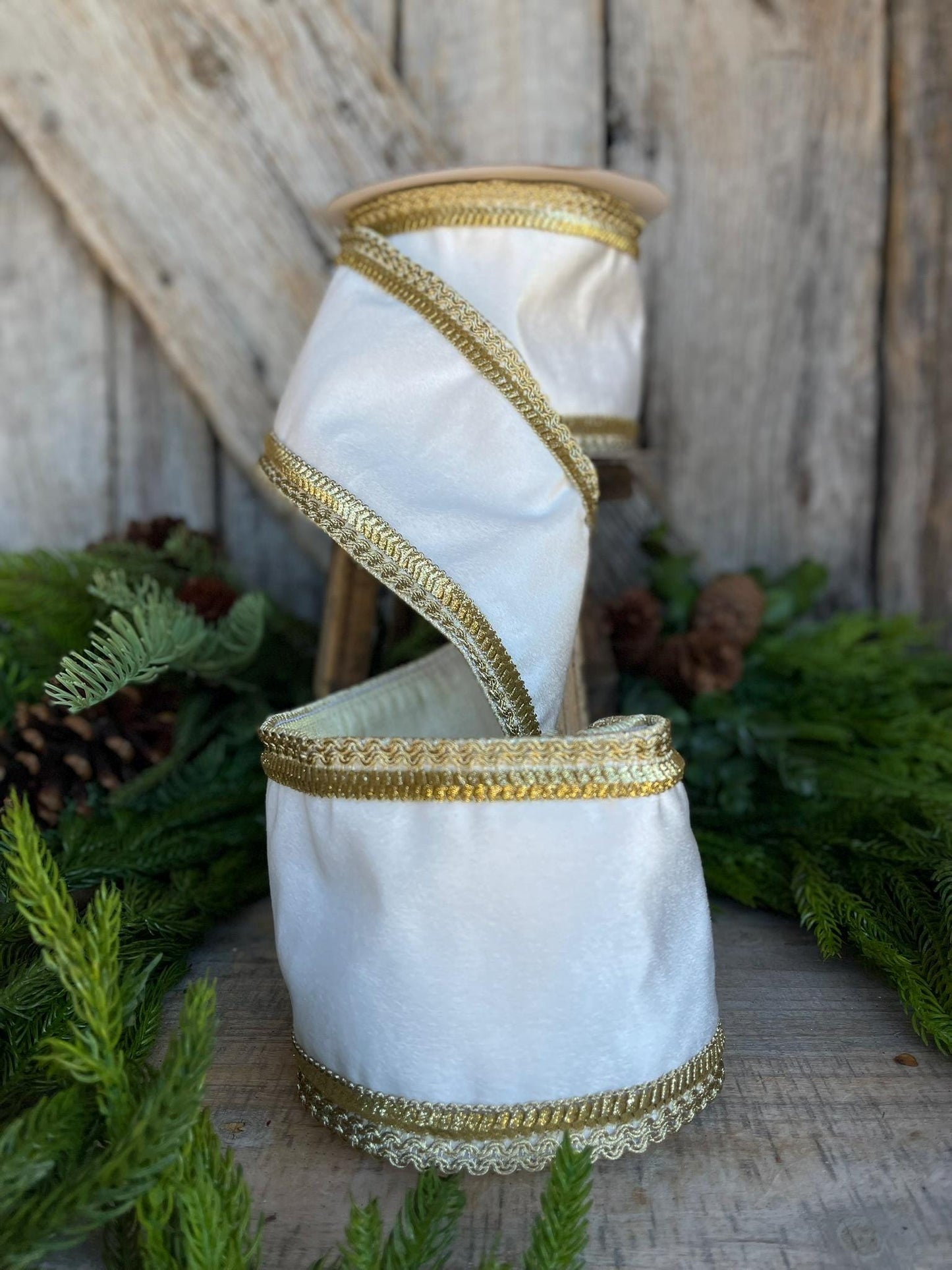 4" White Gold Ribbon, Wired RIbbon, White Velvet Ribbon, Christmas Ribbon, Ribbon for Tree, Velvet Ribbon for Tree