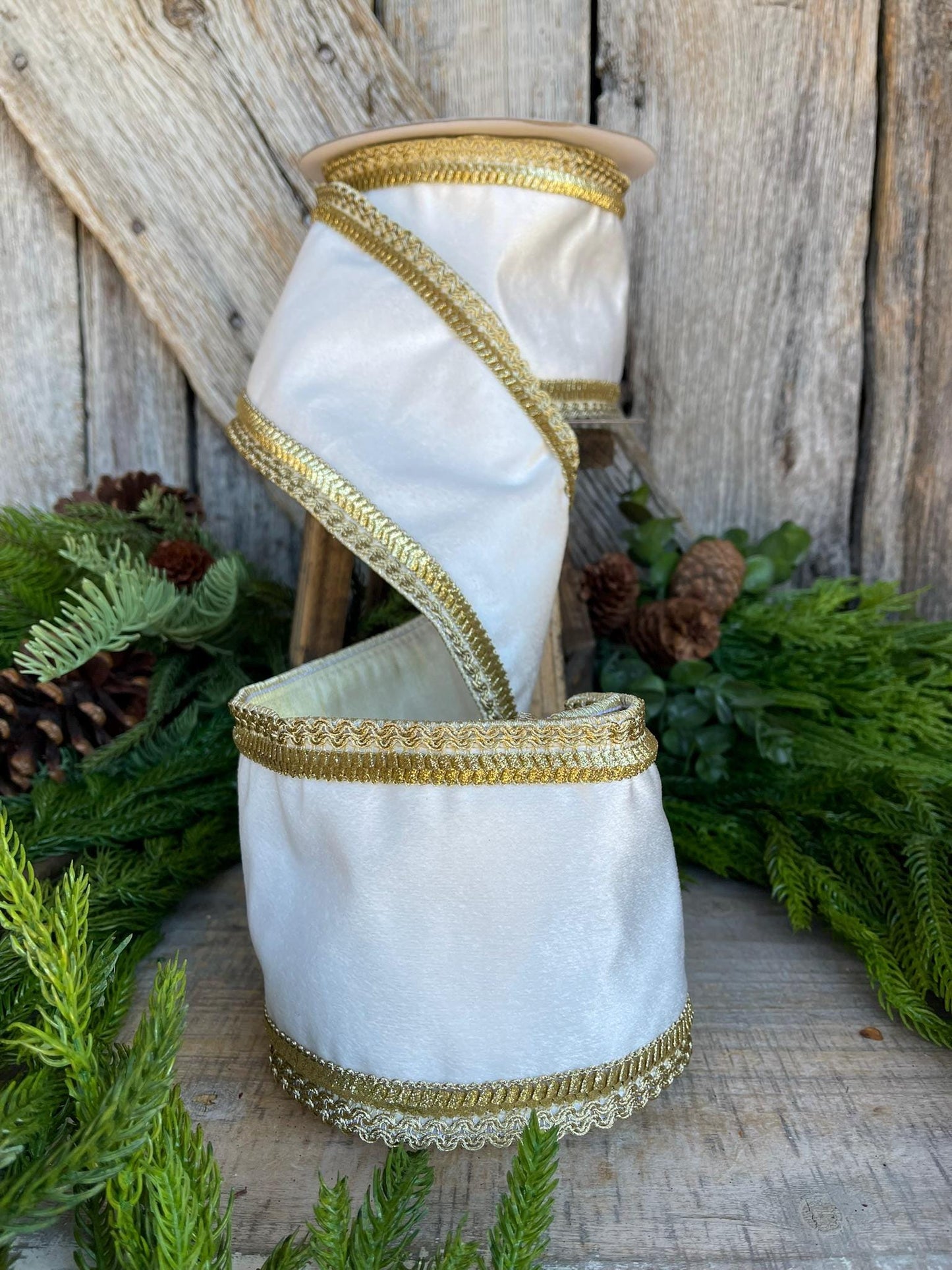 4" White Gold Ribbon, Wired RIbbon, White Velvet Ribbon, Christmas Ribbon, Ribbon for Tree, Velvet Ribbon for Tree