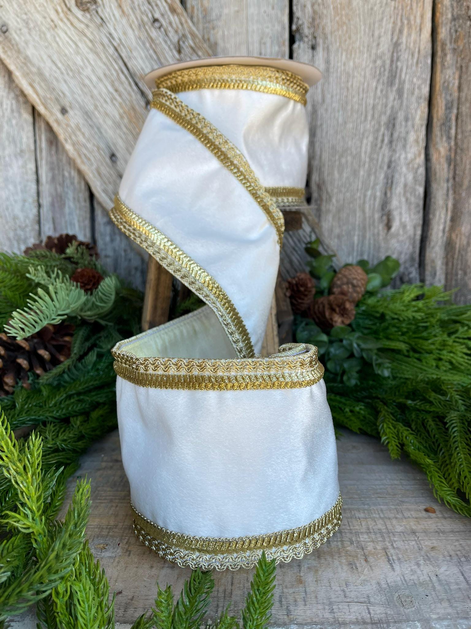 4" White Gold Ribbon, Wired RIbbon, White Velvet Ribbon, Christmas Ribbon, Ribbon for Tree, Velvet Ribbon for Tree