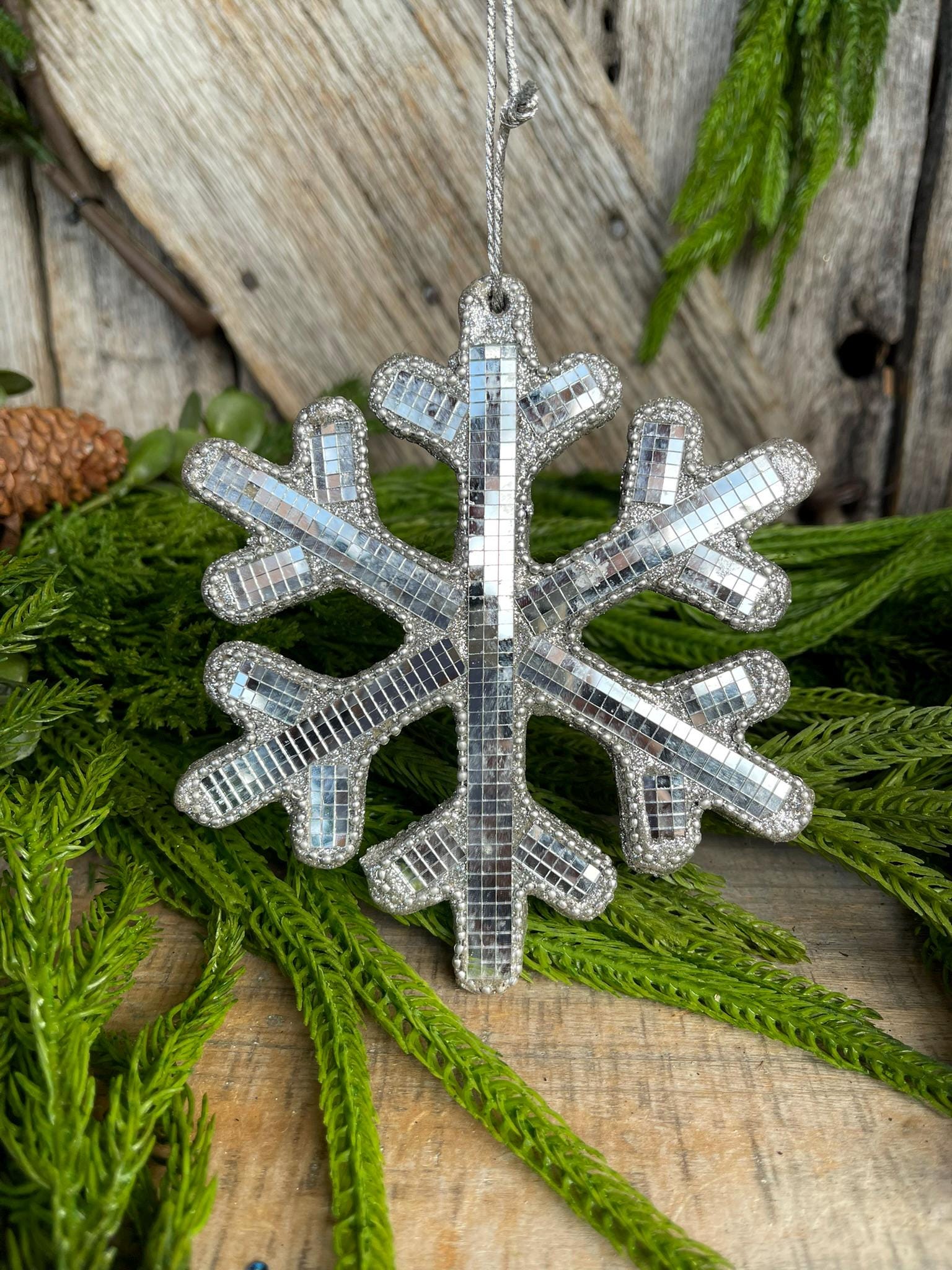 5.5" Silver Snowflake Ornament, Shatterproof Ornament, Snowflake Ornament, Disco Ball Ornament, Christmas Tree Ornament, Mirrored Ornament