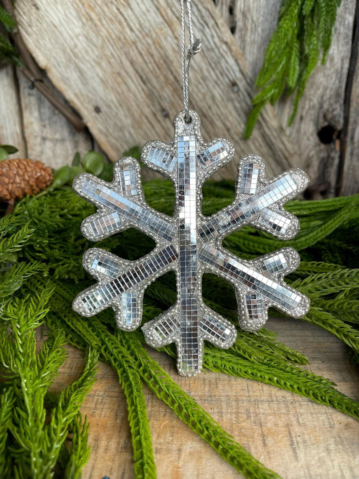 5.5" Silver Snowflake Ornament, Shatterproof Ornament, Snowflake Ornament, Disco Ball Ornament, Christmas Tree Ornament, Mirrored Ornament