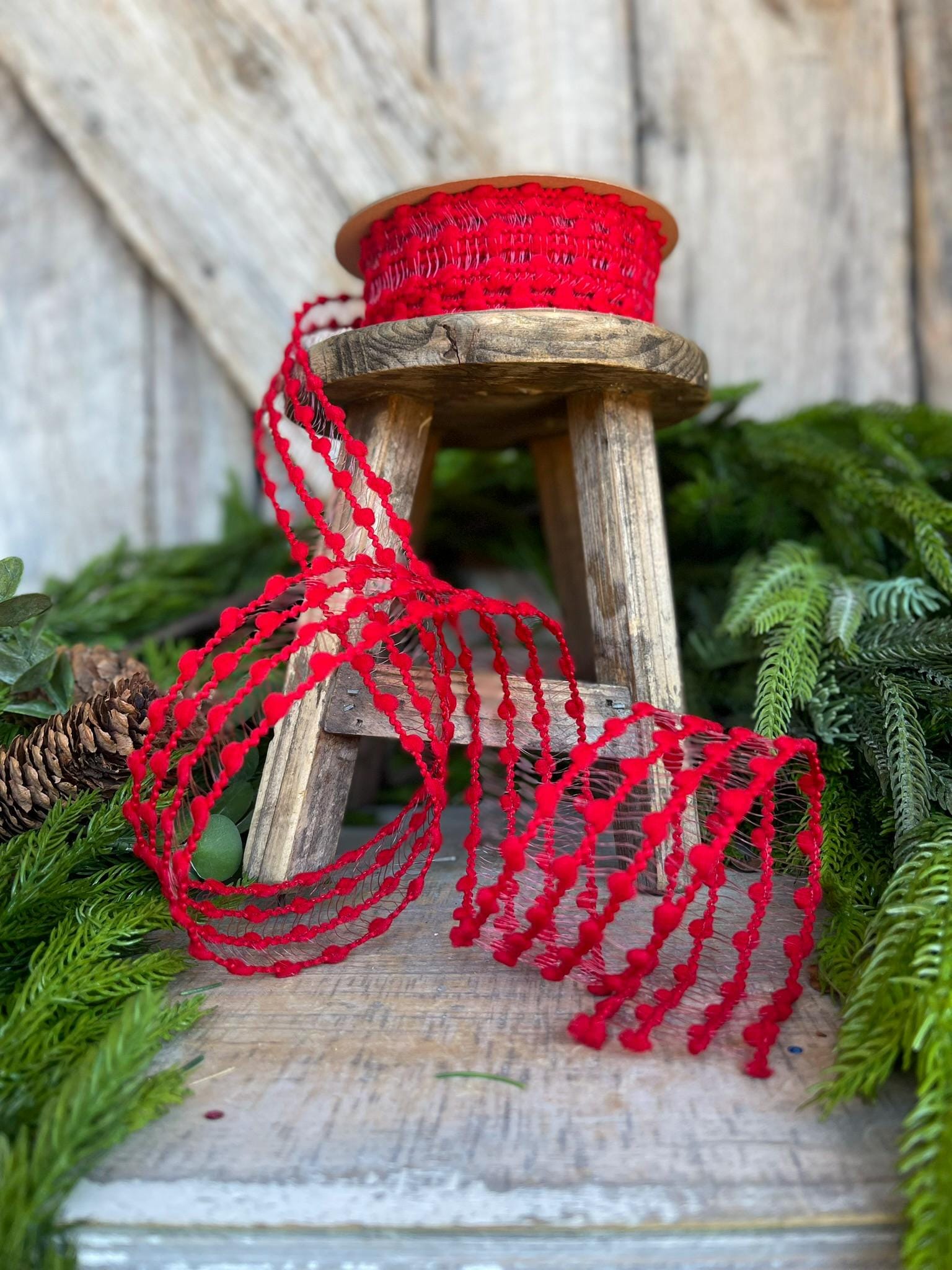 1.5" Red Pom Pom Ribbon, Red Wired Ribbon, Christmas RIbbon, Gift Wrap Ribbon, Ribbon for Bows