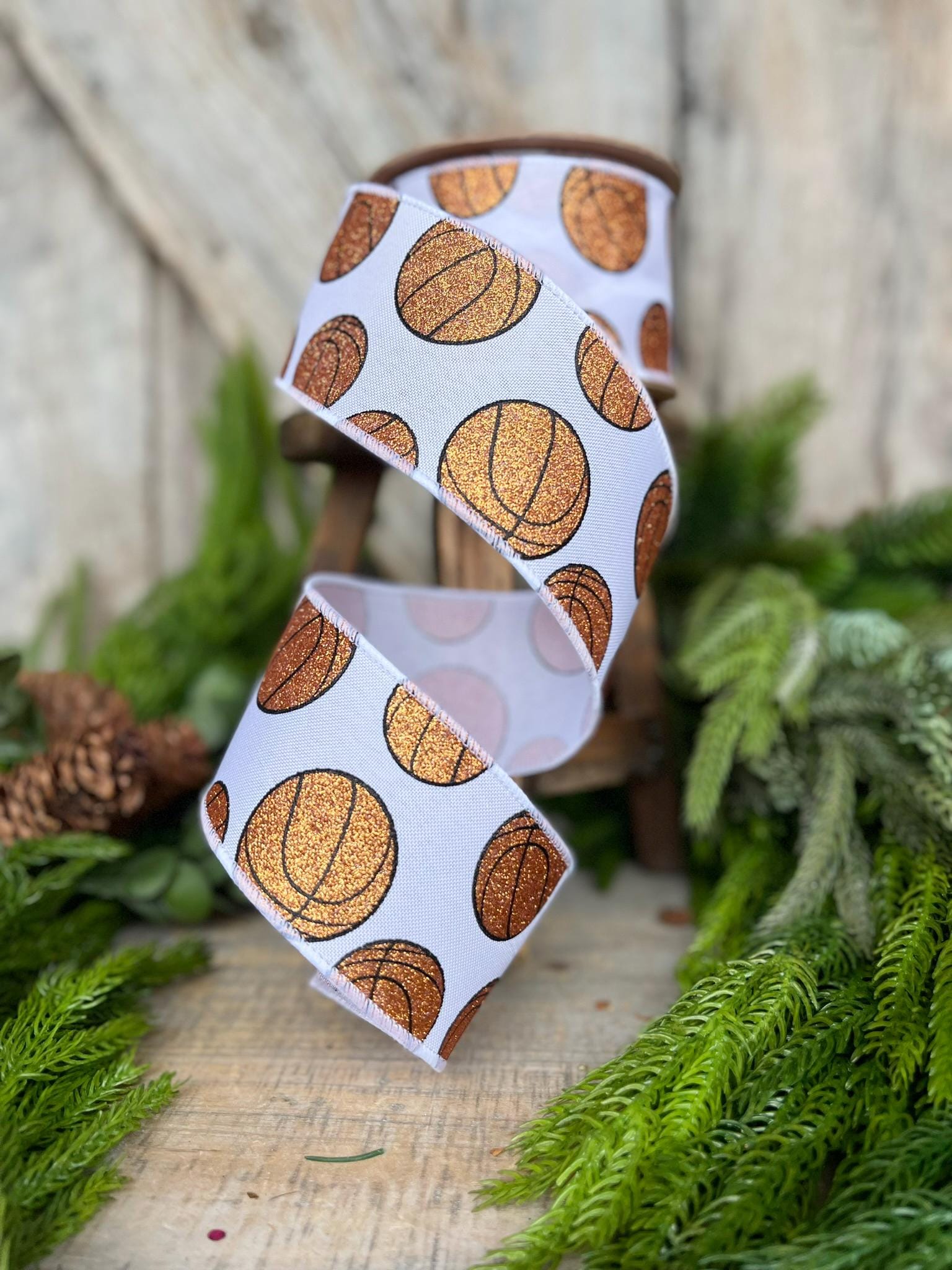 2.5" Basketball Wired Ribbon, Basketball Ribbon, Sports Ribbon, Wired Ribbon, Ribbon for Bows