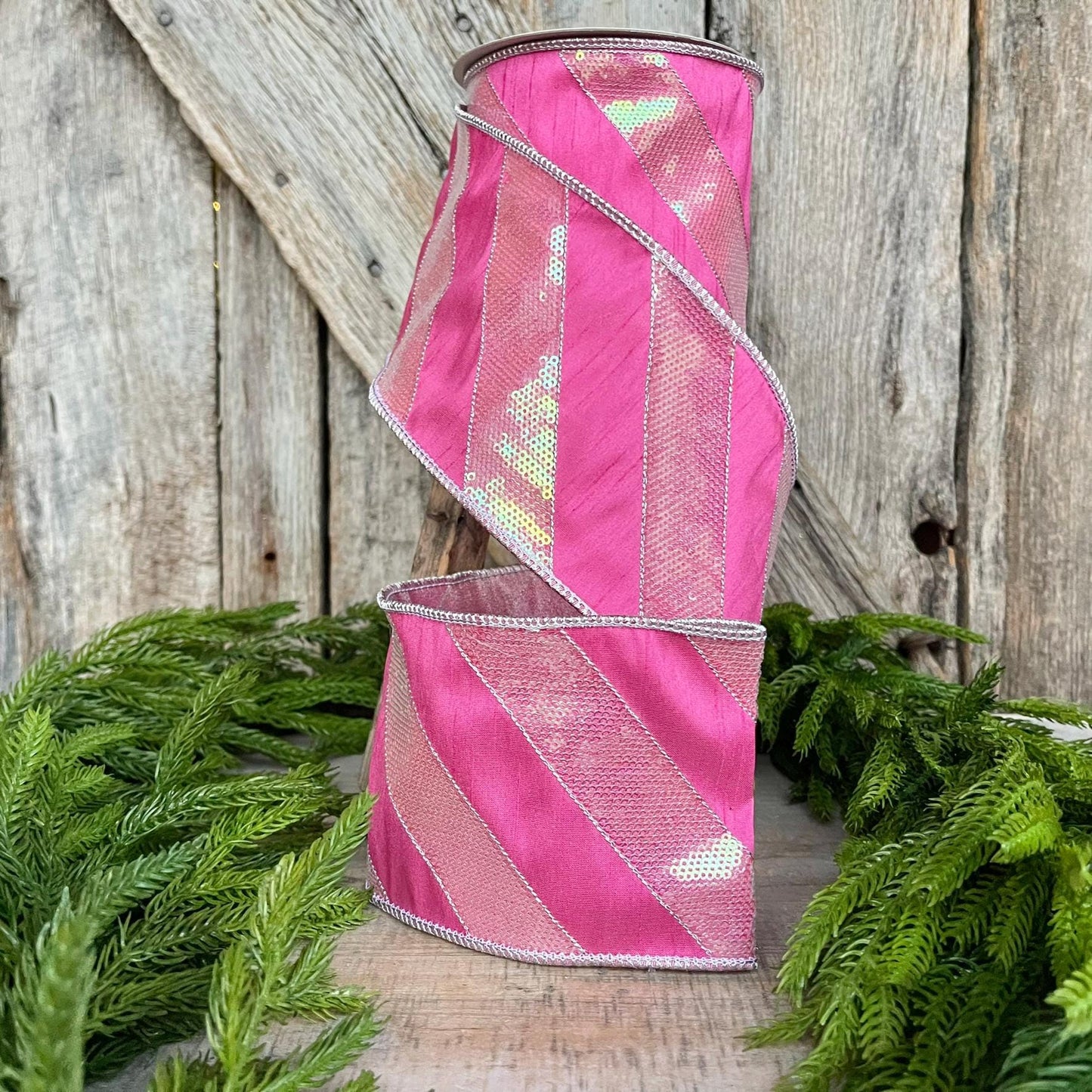 4" Hot Pink Diagonal Stripe Ribbon, Christmas Ribbon, Pinkmas Ribbon, Candy Cane Ribbon, Pink Ribbon, Pink Christmas Tree Ribbon, Wired