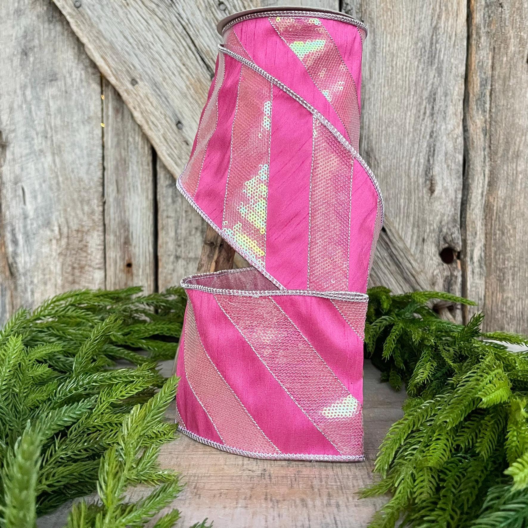 4" Hot Pink Diagonal Stripe Ribbon, Christmas Ribbon, Pinkmas Ribbon, Candy Cane Ribbon, Pink Ribbon, Pink Christmas Tree Ribbon, Wired