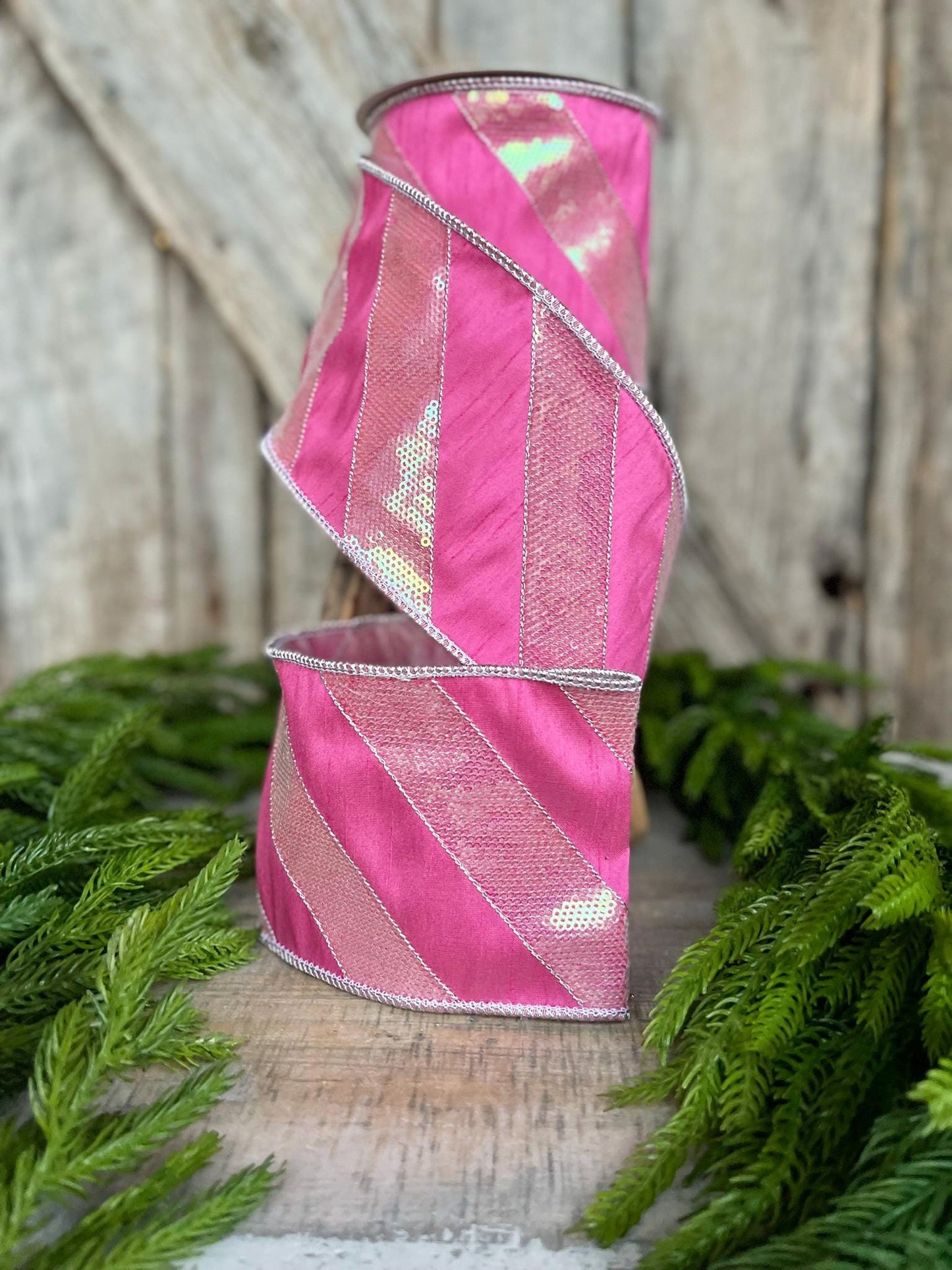 4" Hot Pink Diagonal Stripe Ribbon, Christmas Ribbon, Pinkmas Ribbon, Candy Cane Ribbon, Pink Ribbon, Pink Christmas Tree Ribbon, Wired