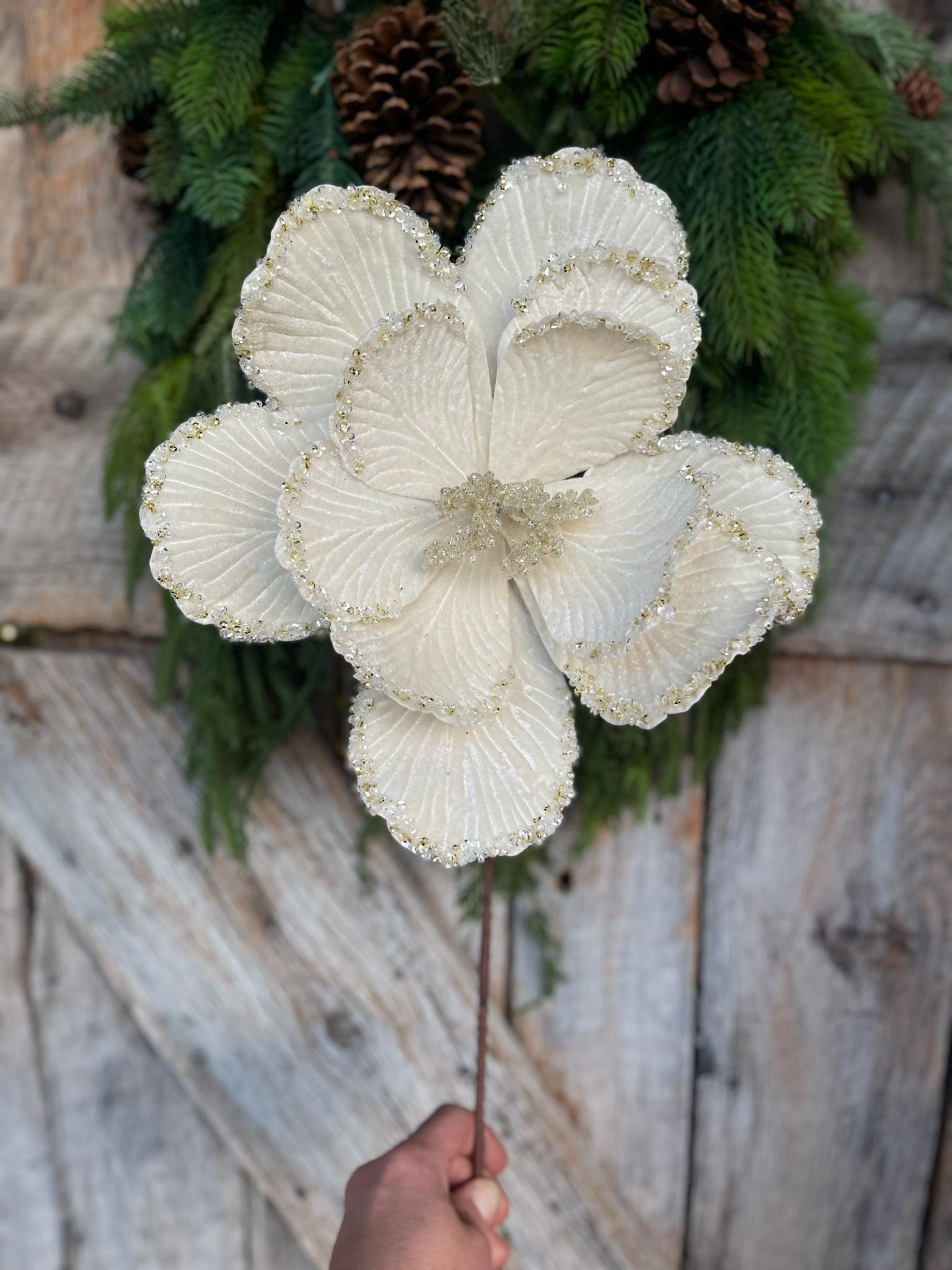 20" Cream Ivory Velvet Magnolia, Christmas Magnolia, Faux Magnolia Stem, Glitz Magnolia, Ivory Christmas Floral