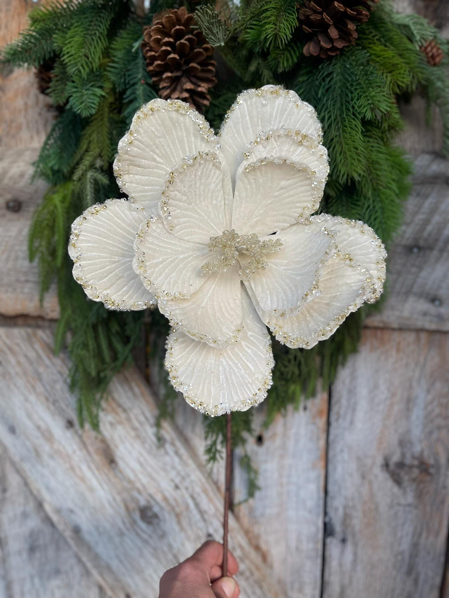 20" Cream Ivory Velvet Magnolia, Christmas Magnolia, Faux Magnolia Stem, Glitz Magnolia, Ivory Christmas Floral