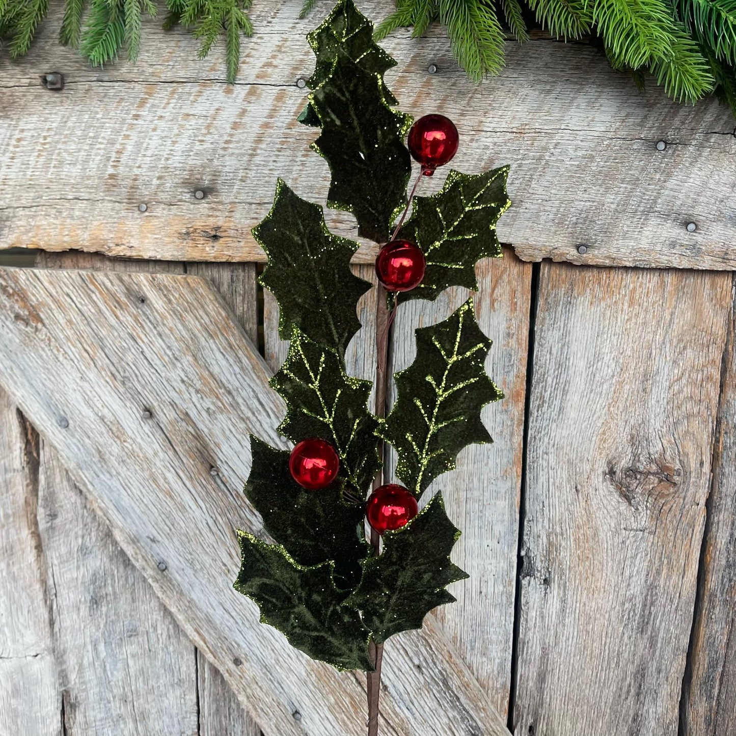 27" Red Green Velvet Holly Leaf Spray, Christmas Spray, Christmas Tree Spray, Christmas Tree Topper, Christmas Velvet Spray, Wreath Supply